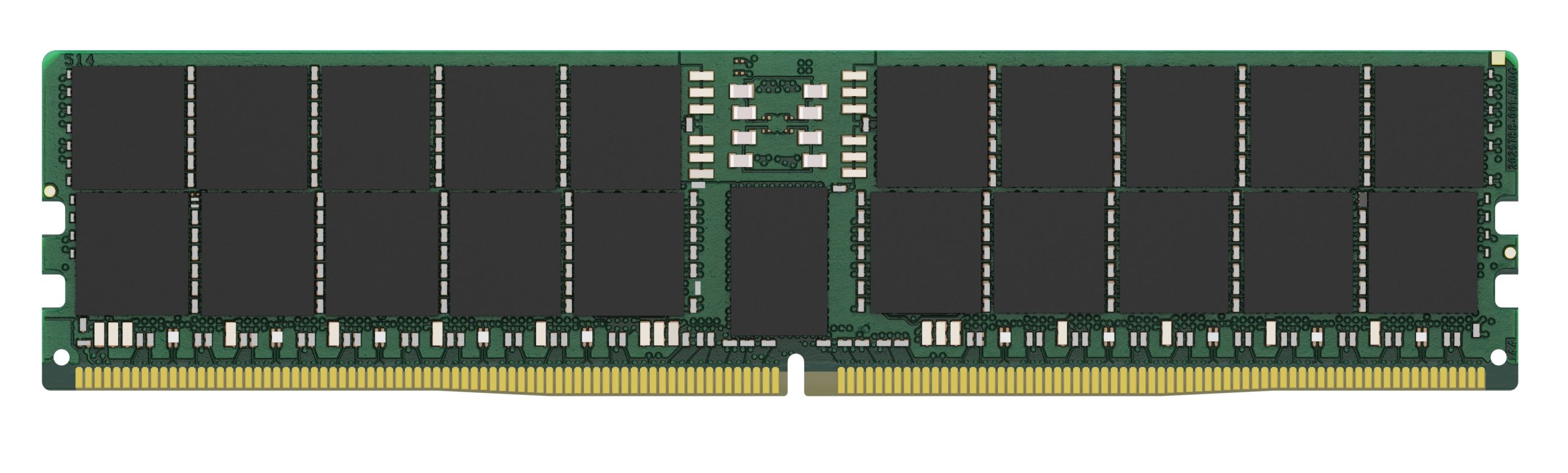 A close-up image of a green DDR5 RAM module with multiple black memory chips and gold connector pins.