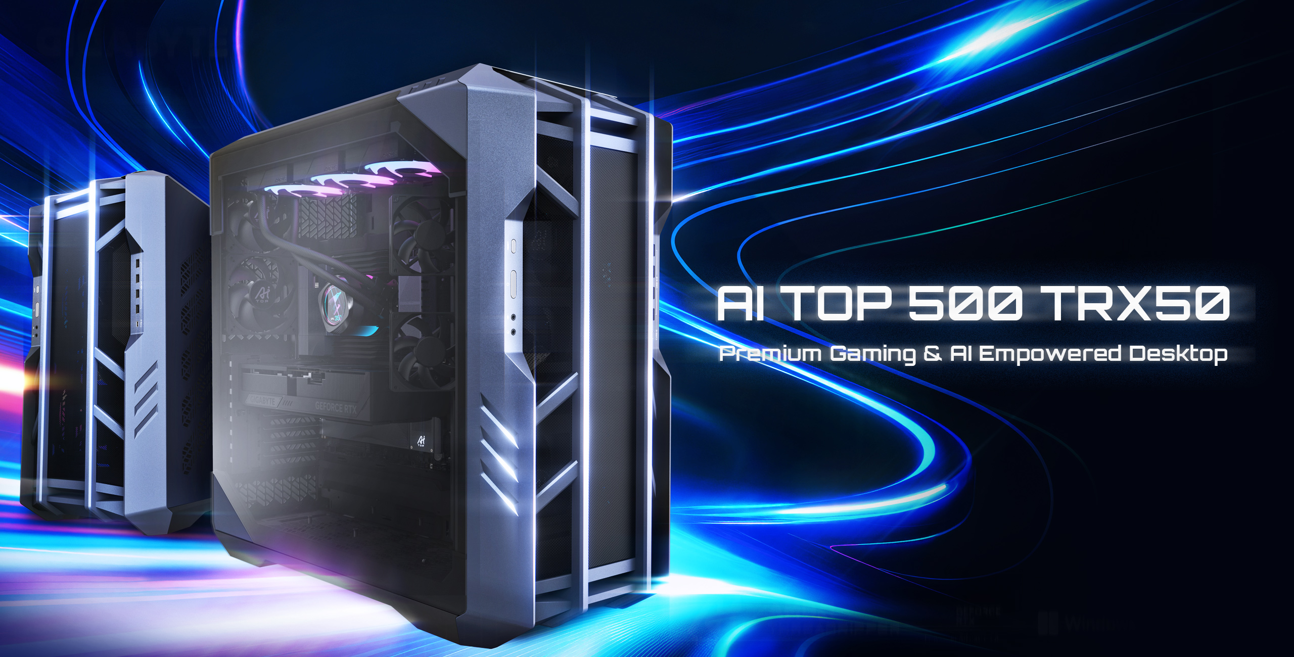 A futuristic desktop computer labeled 'AI TOP 500 TRX50' is showcased with the text 'Premium Gaming & AI Empowered Desktop' in a neon-lit environment.