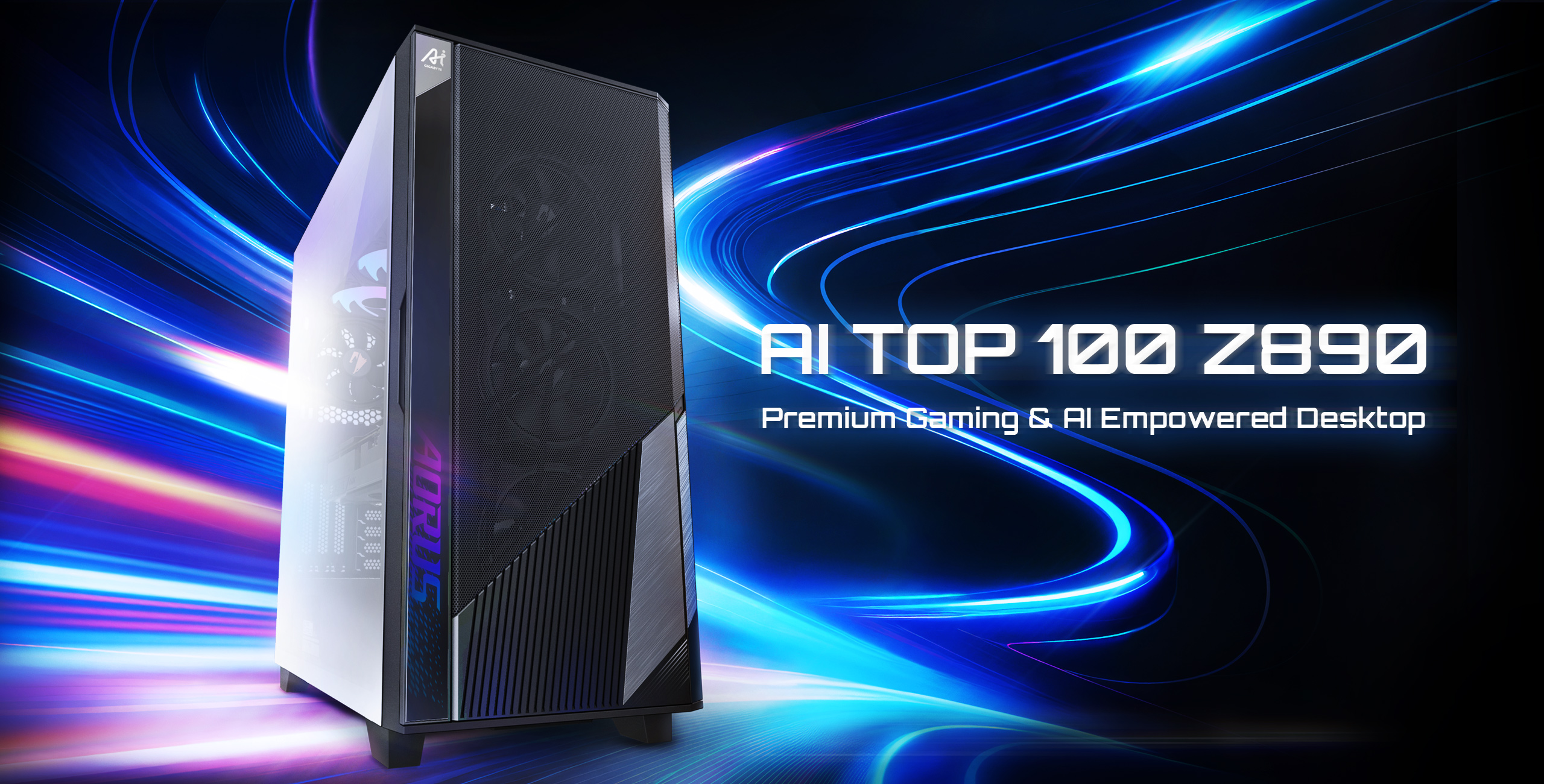 A sleek desktop computer labeled 'AI TOP 100 Z890' featuring an illuminated AORUS logo is showcased with the text 'Premium Gaming & AI Empowered Desktop' against a dynamic blue and purple background.