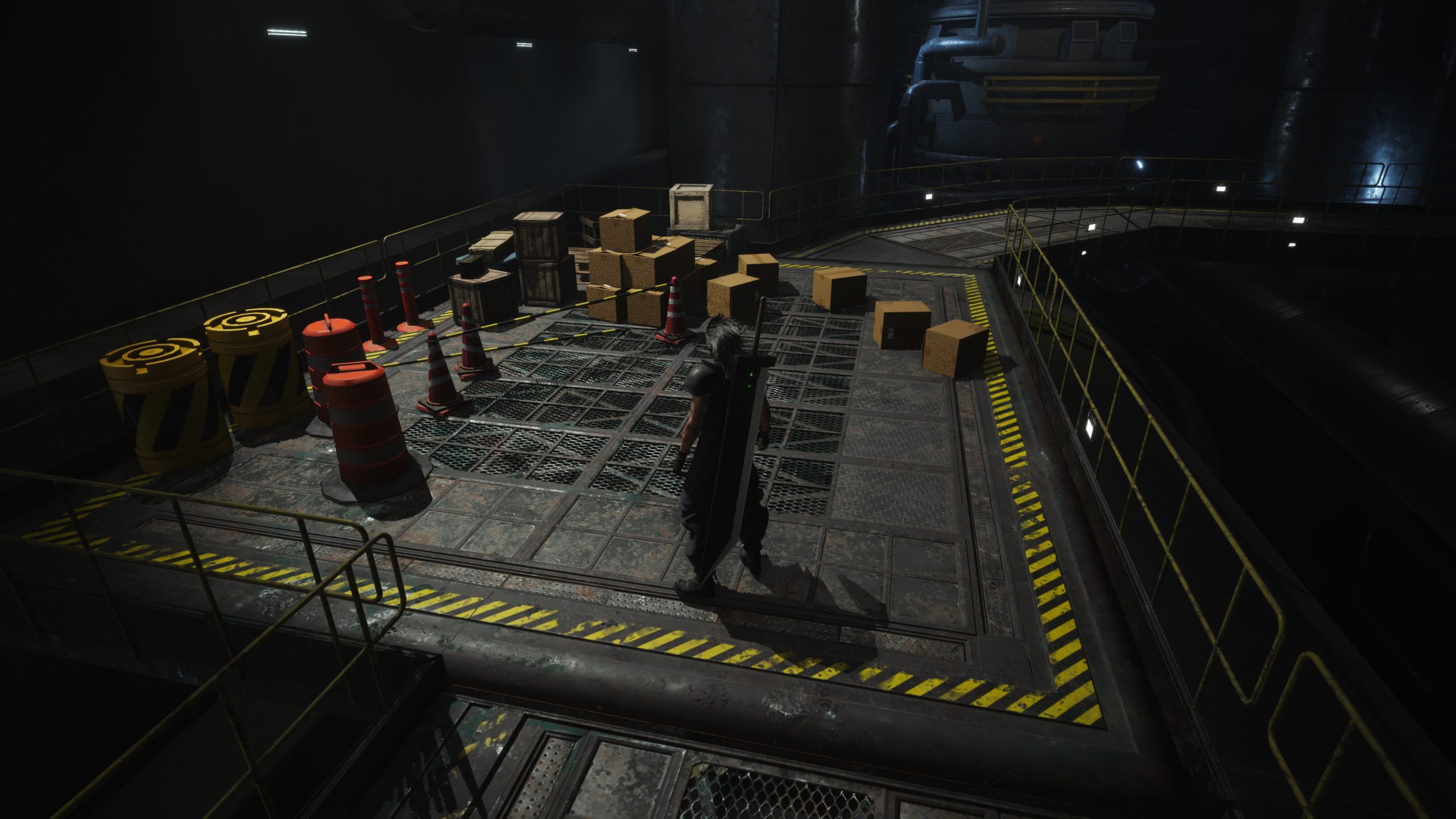 A character from 'Final Fantasy VII Rebirth' stands on a metal platform surrounded by crates and hazard barrels in an industrial setting.