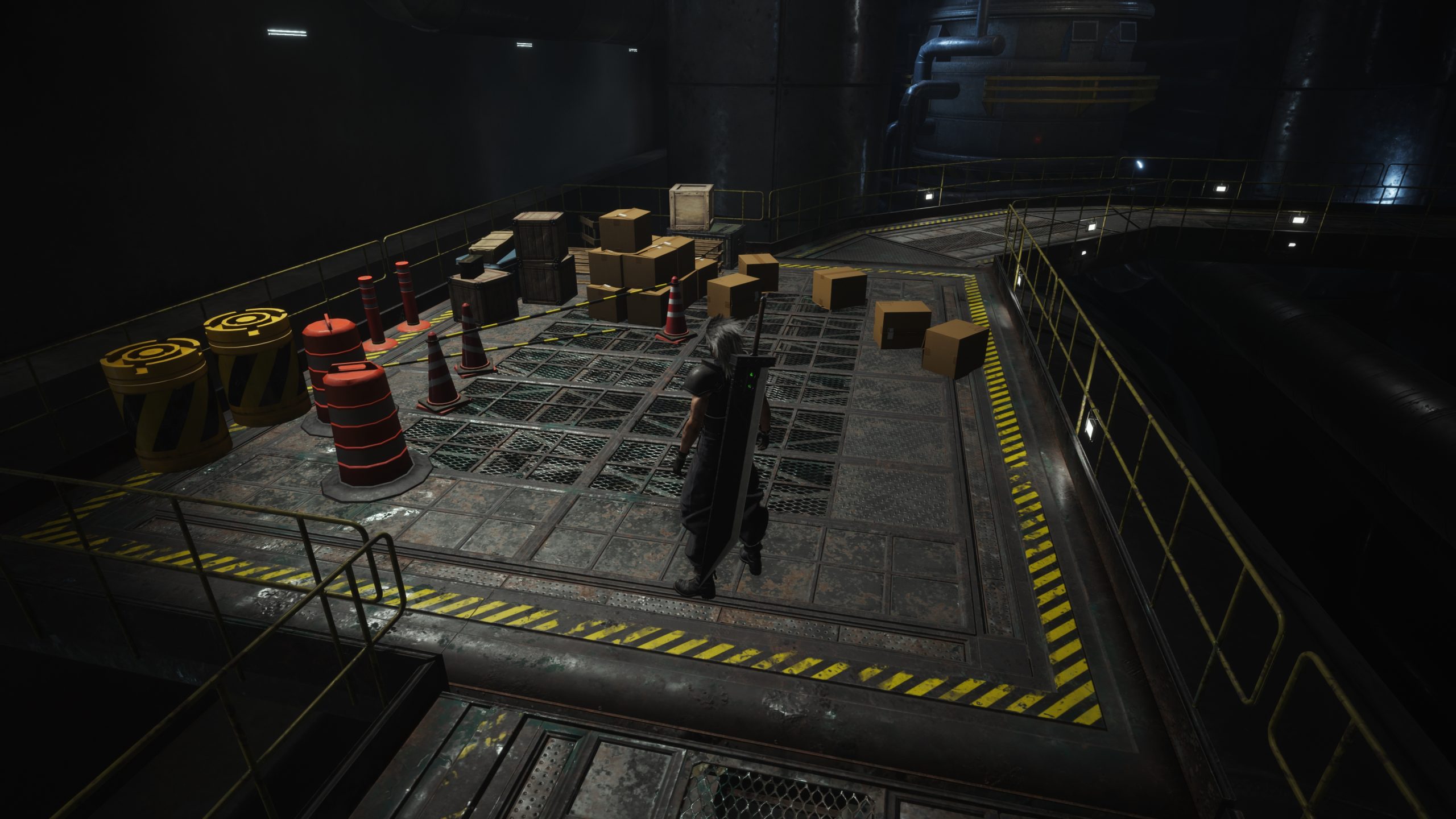 A character from Final Fantasy VII Rebirth stands on an industrial platform surrounded by crates and traffic cones.