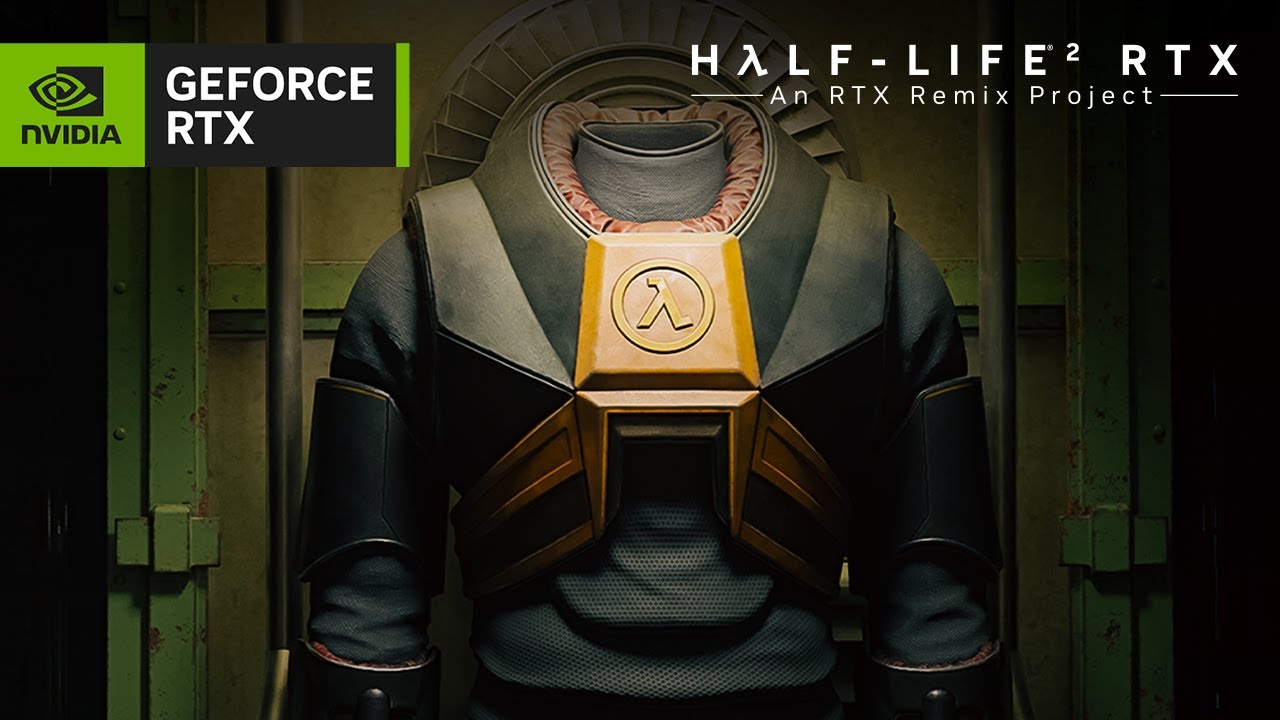 A futuristic suit with the Half-Life logo is showcased under the title 'Half-Life² RTX An RTX Remix Project' alongside NVIDIA GeForce RTX branding.