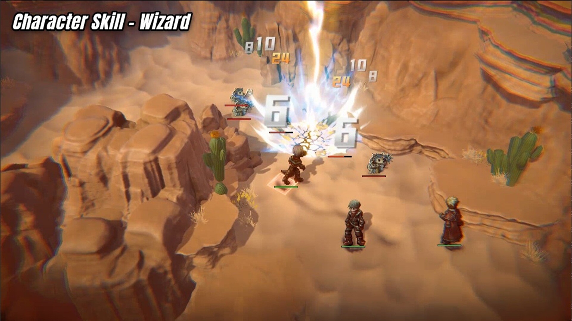 A game scene shows a character casting a spell labeled 'Character Skill - Wizard,' with damage numbers appearing above enemies in a desert setting.