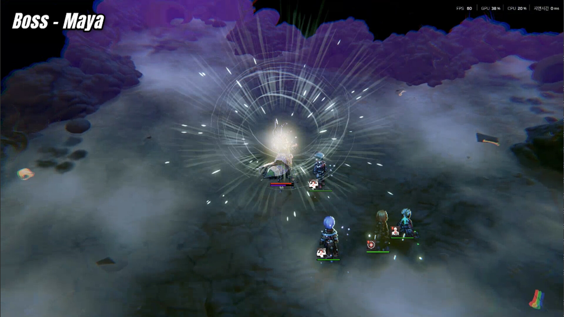 A gaming scene shows three characters battling the 'Boss - Maya' with status info displaying 'FPS 60,' 'GPU 38%,' and 'CPU 20%'.