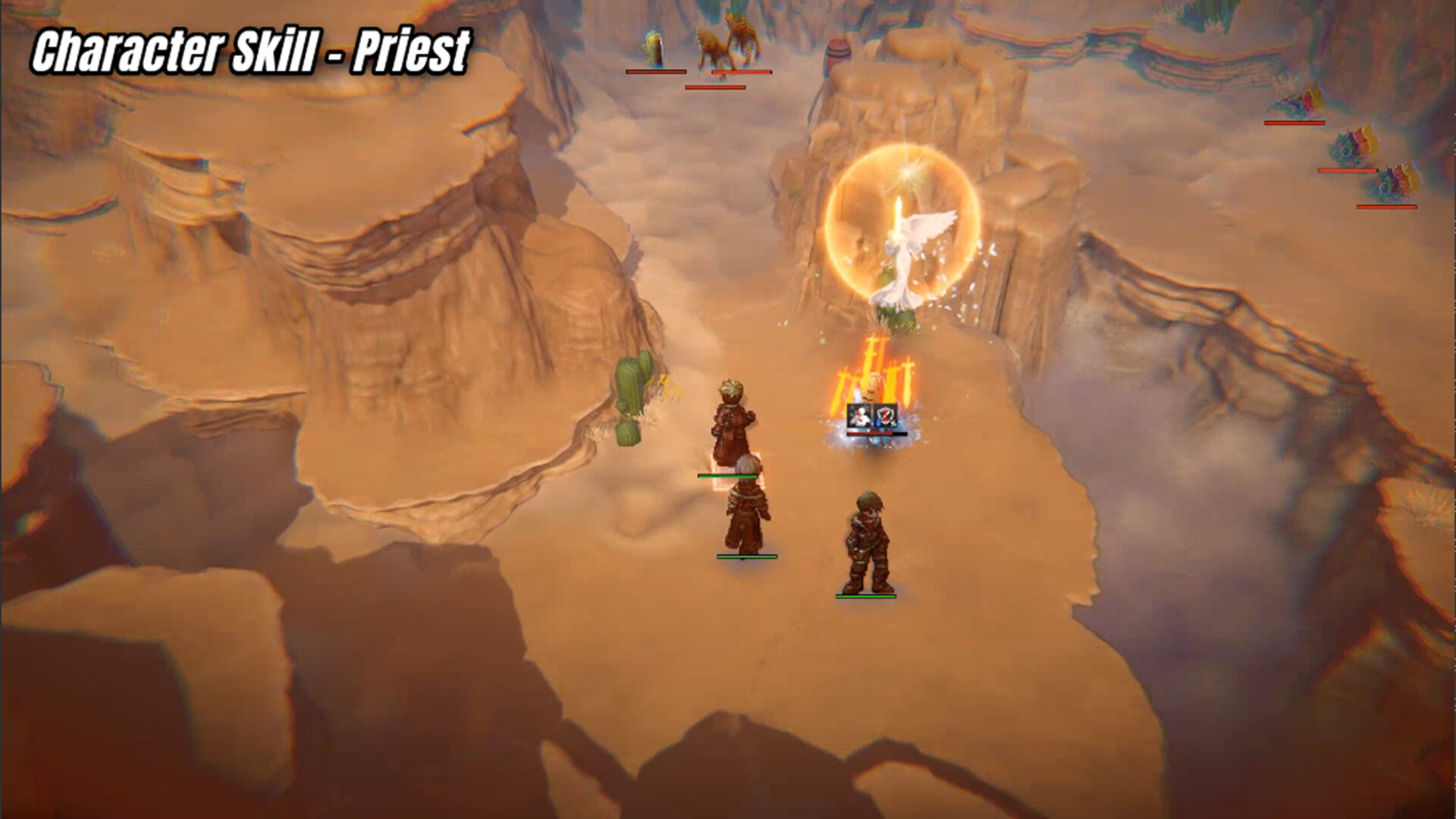 Three characters in a desert landscape engage an enemy with a 'Character Skill - Priest' action, casting a protective barrier in a video game setting.