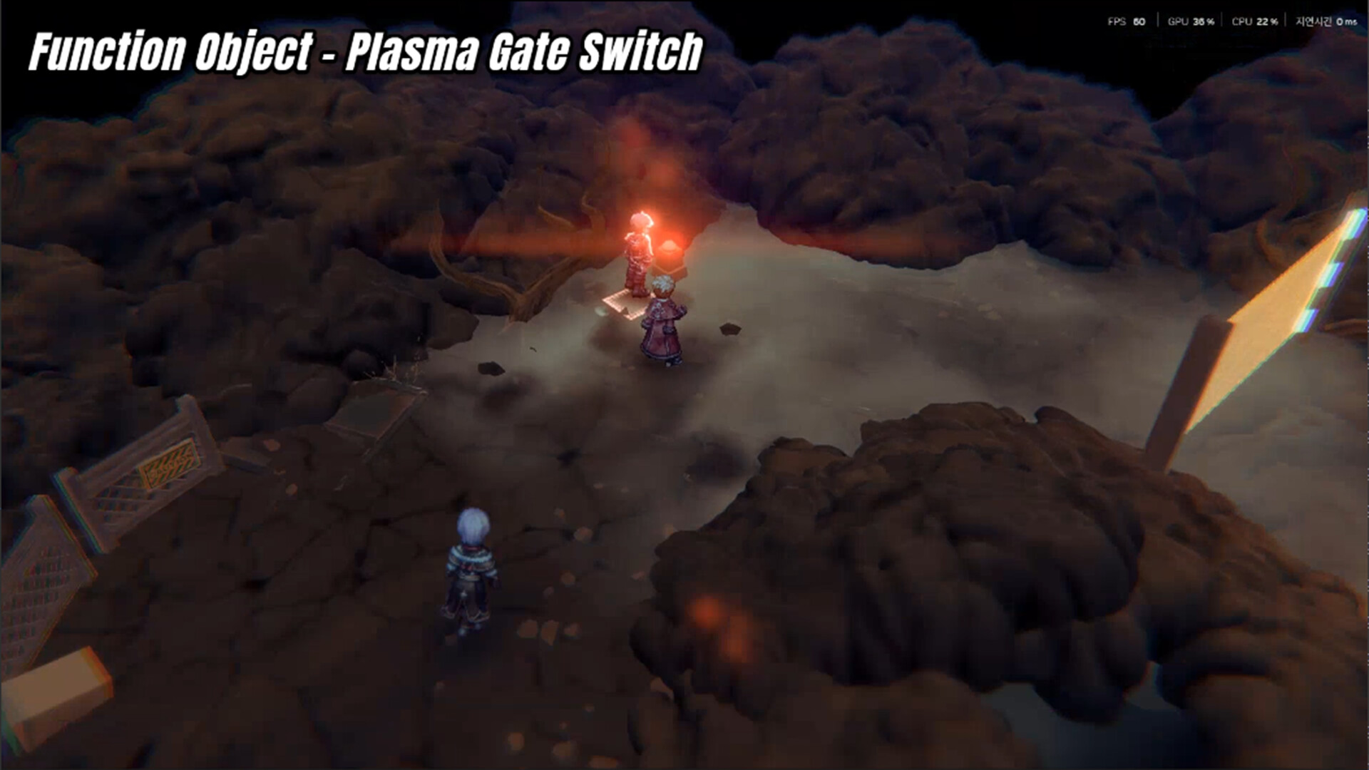 Two characters interact with a glowing object labeled 'Function Object - Plasma Gate Switch' in a game environment.