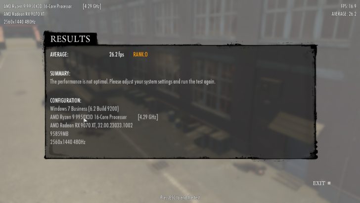 A benchmark results screen shows an AMD Ryzen 9 9950X3D 16-Core Processor with AMD Radeon RX 9070 XT achieving an average of 26.2 fps, ranking 'D,' on Windows 7 Business with a resolution of 2560x1440 at 480Hz.