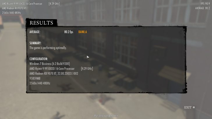 A game performance screen shows an AMD Ryzen 9 9950X3D and AMD Radeon RX 9070 XT achieving '80.2 fps' with a 'RANK: A' on a 2560x1440 480Hz display.
