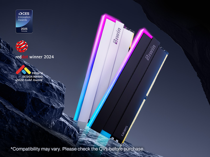Colorful iGame DDR5 memory modules with RGB lighting and 'Colorful' branding, alongside award badges for 'red dot winner 2024' and 'French Design Award 2024 Gold Award'.