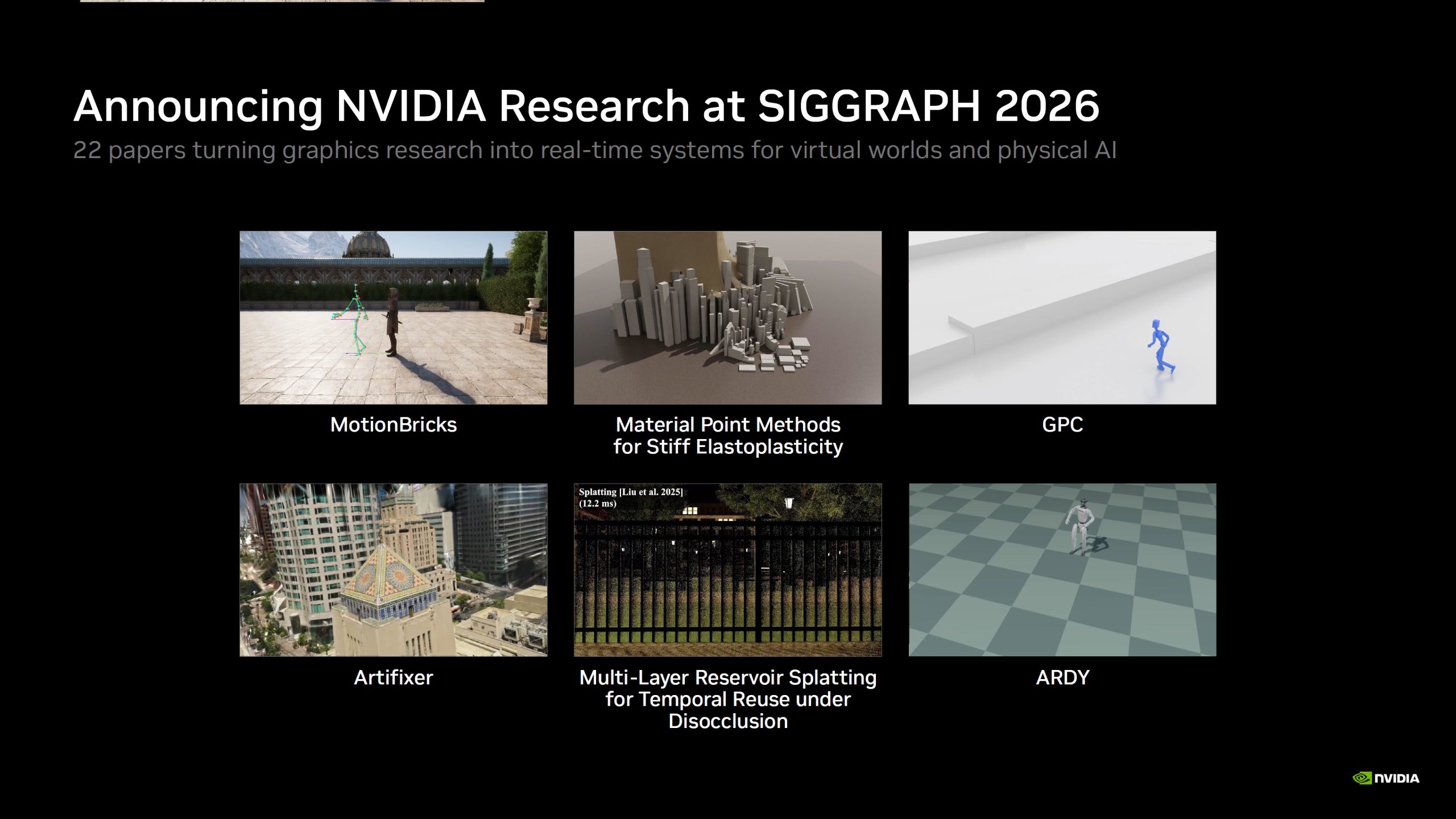 A presentation slide titled 'Announcing NVIDIA Research at SIGGRAPH 2026' displays six research project graphics including 'MotionBricks,' 'Material Point Methods for Stiff Elastoplasticity,' 'GPC,' 'Artifixer,' 'Multi-Layer Reservoir Splatting for Temporal Reuse under Disocclusion,' and 'ARDY.'