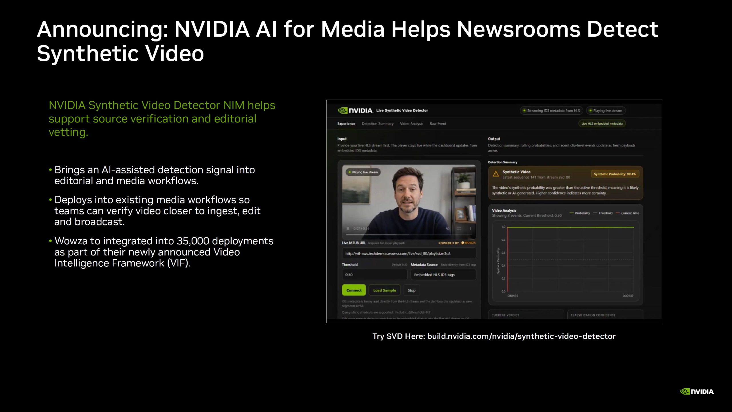 A presentation slide titled 'Announcing: NVIDIA AI for Media Helps Newsrooms Detect Synthetic Video' features the NVIDIA Synthetic Video Detector interface showing a video analysis with a 99.9% synthetic probability.