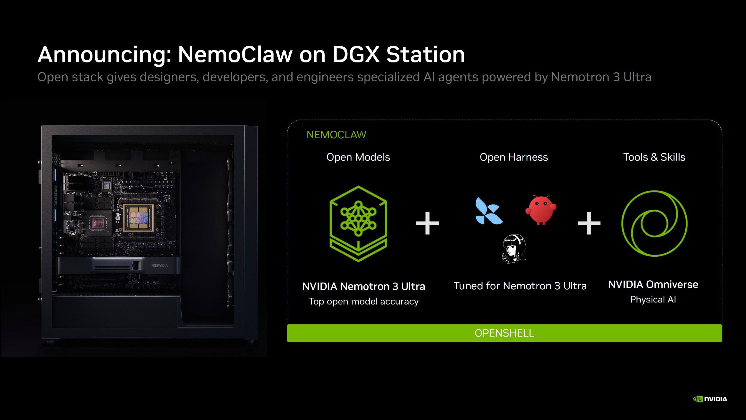 A presentation slide titled 'Announcing: NemoClaw on DGX Station' showcases the NVIDIA Nemotron 3 Ultra used for open models and NVIDIA Omniverse for tools and skills.