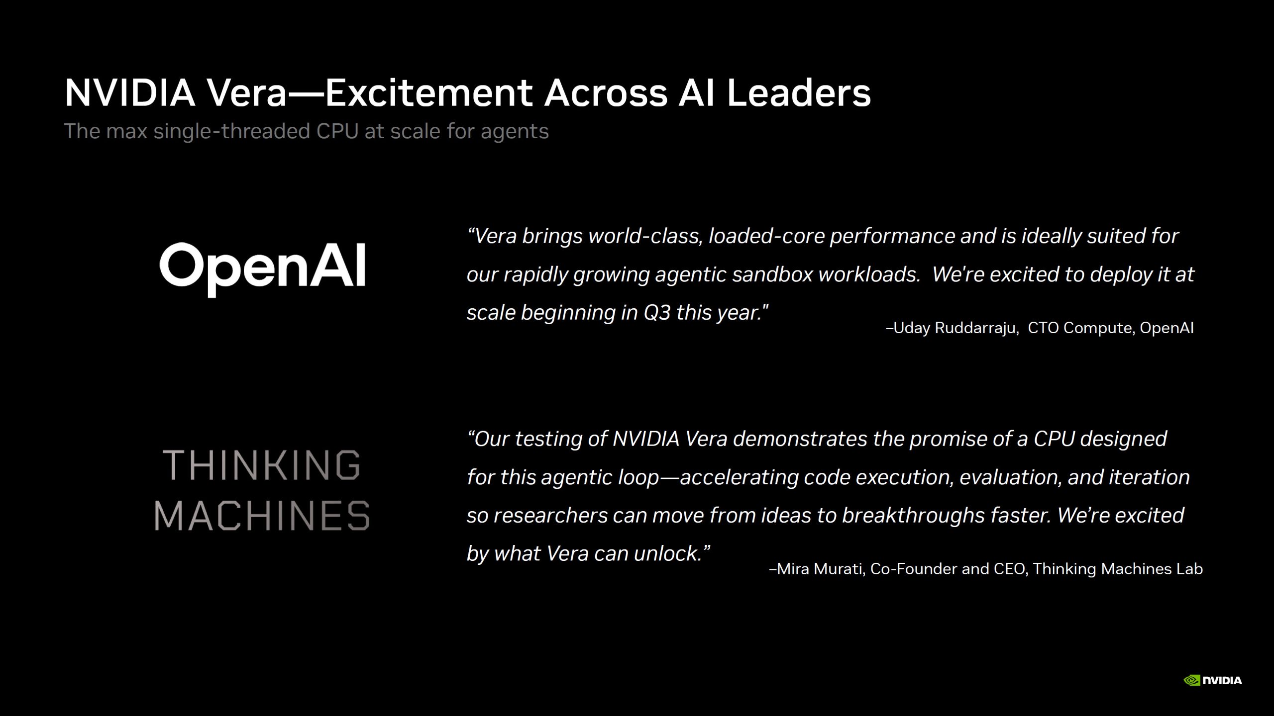 A presentation slide titled 'NVIDIA Vera—Excitement Across AI Leaders' features logos of OpenAI and NVIDIA, with quotes from Uday Ruddarraju and Mira Murati praising the CPU for its performance and potential.