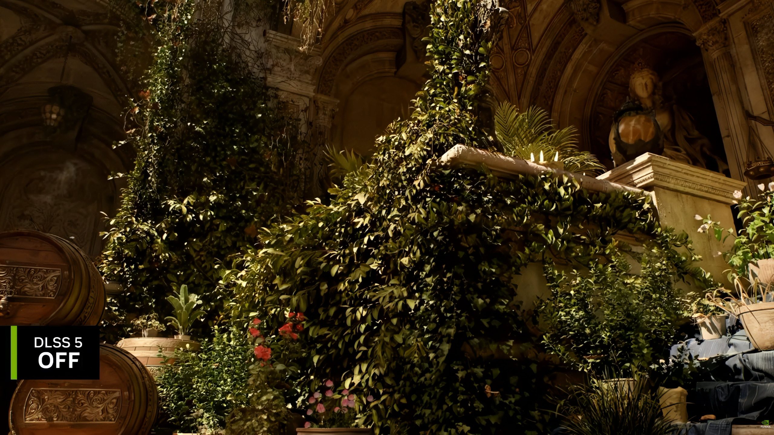 A lush, overgrown garden scene with detailed stone architecture is displayed with the text 'DLSS 5 OFF' in the corner.