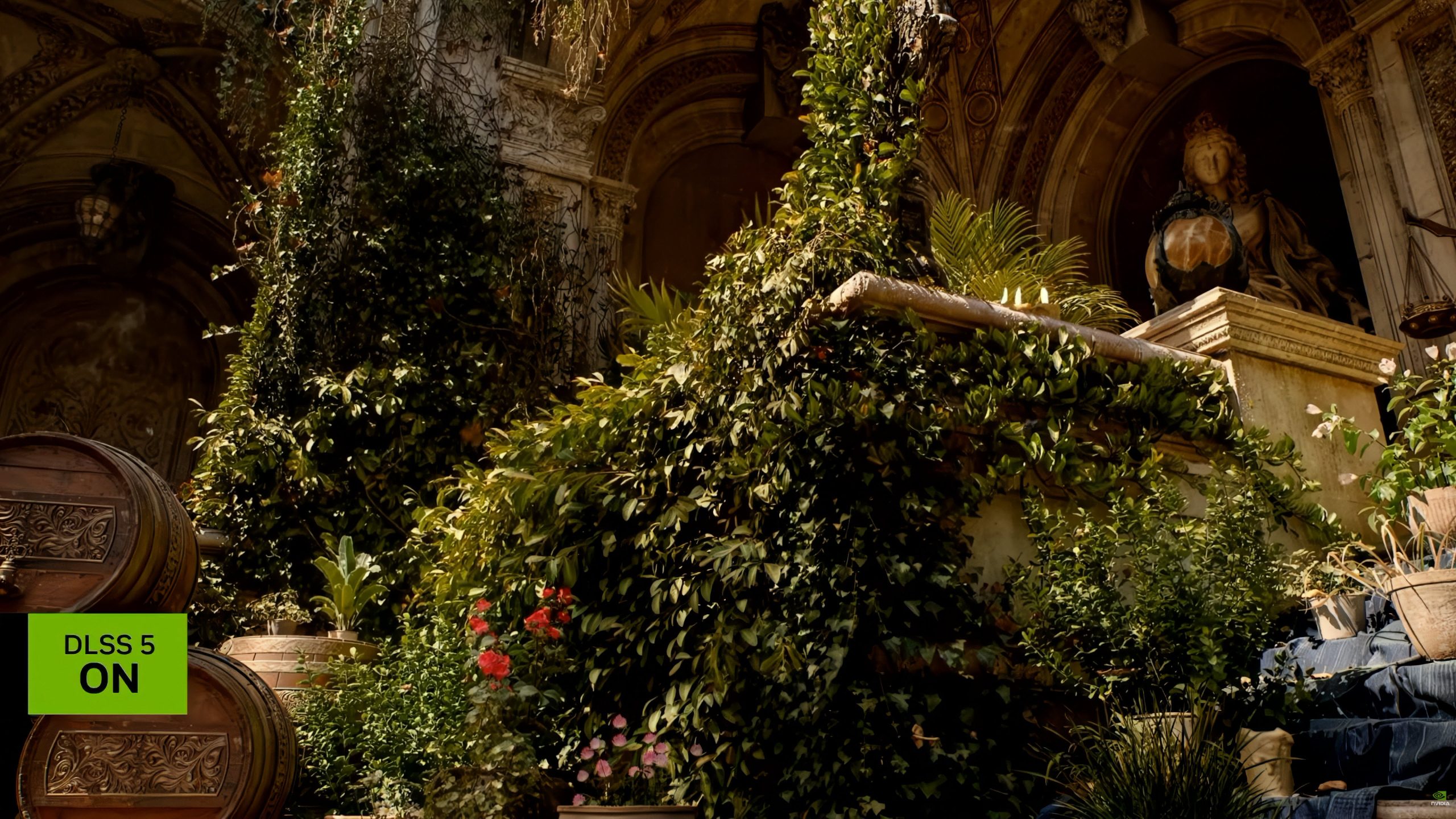 A lush garden scene from a game with the text 'DLSS 5 ON' displayed in the bottom left corner.