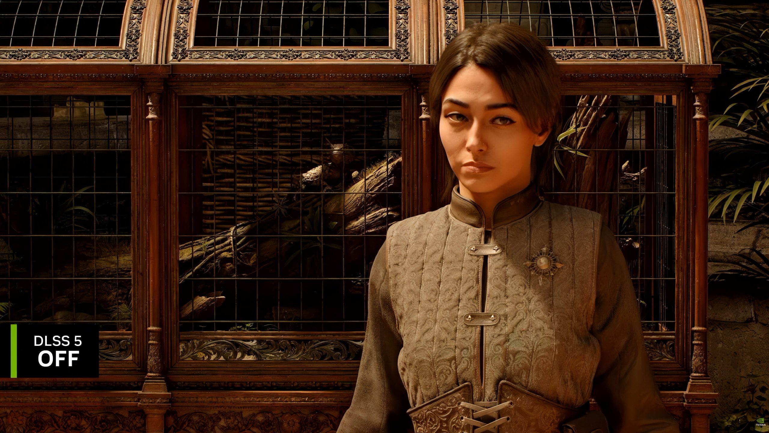 A female character in ornate attire stands in front of a detailed wooden and metal structure with 'DLSS 5 OFF' text displayed in the corner.