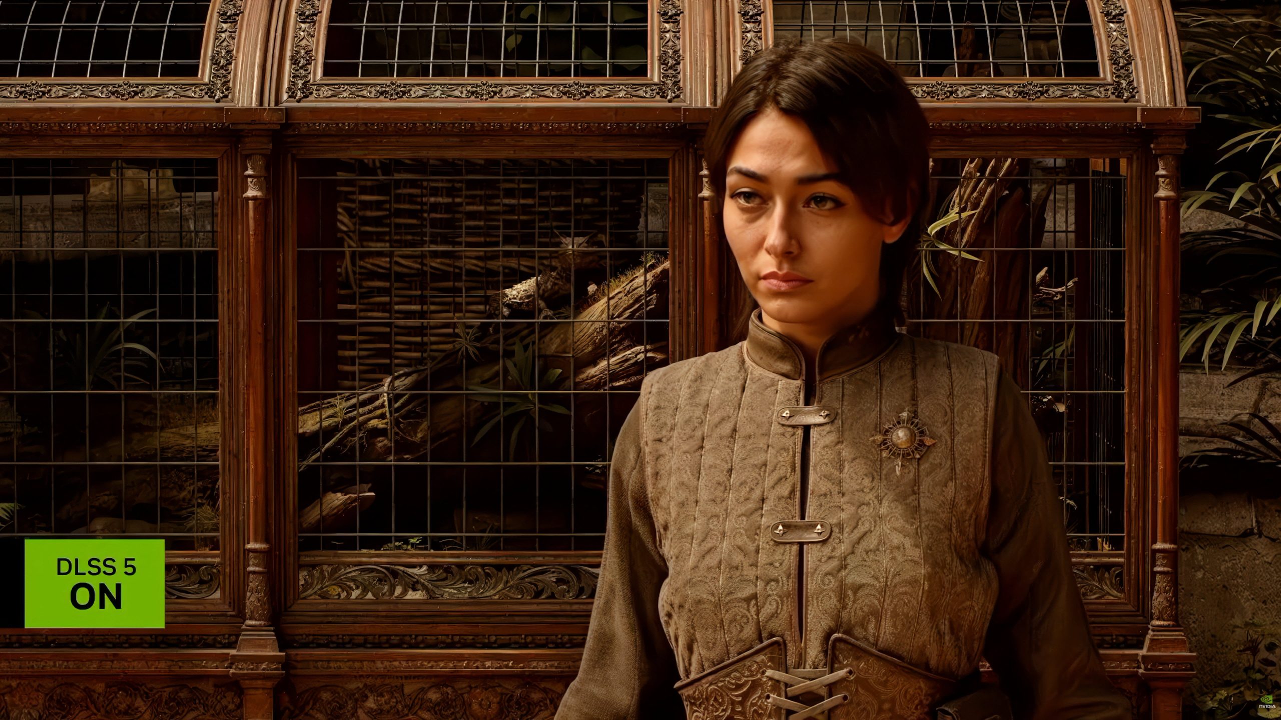 A character in an ornate setting with a wooden backdrop, displaying the on-screen text 'DLSS 5 ON'.