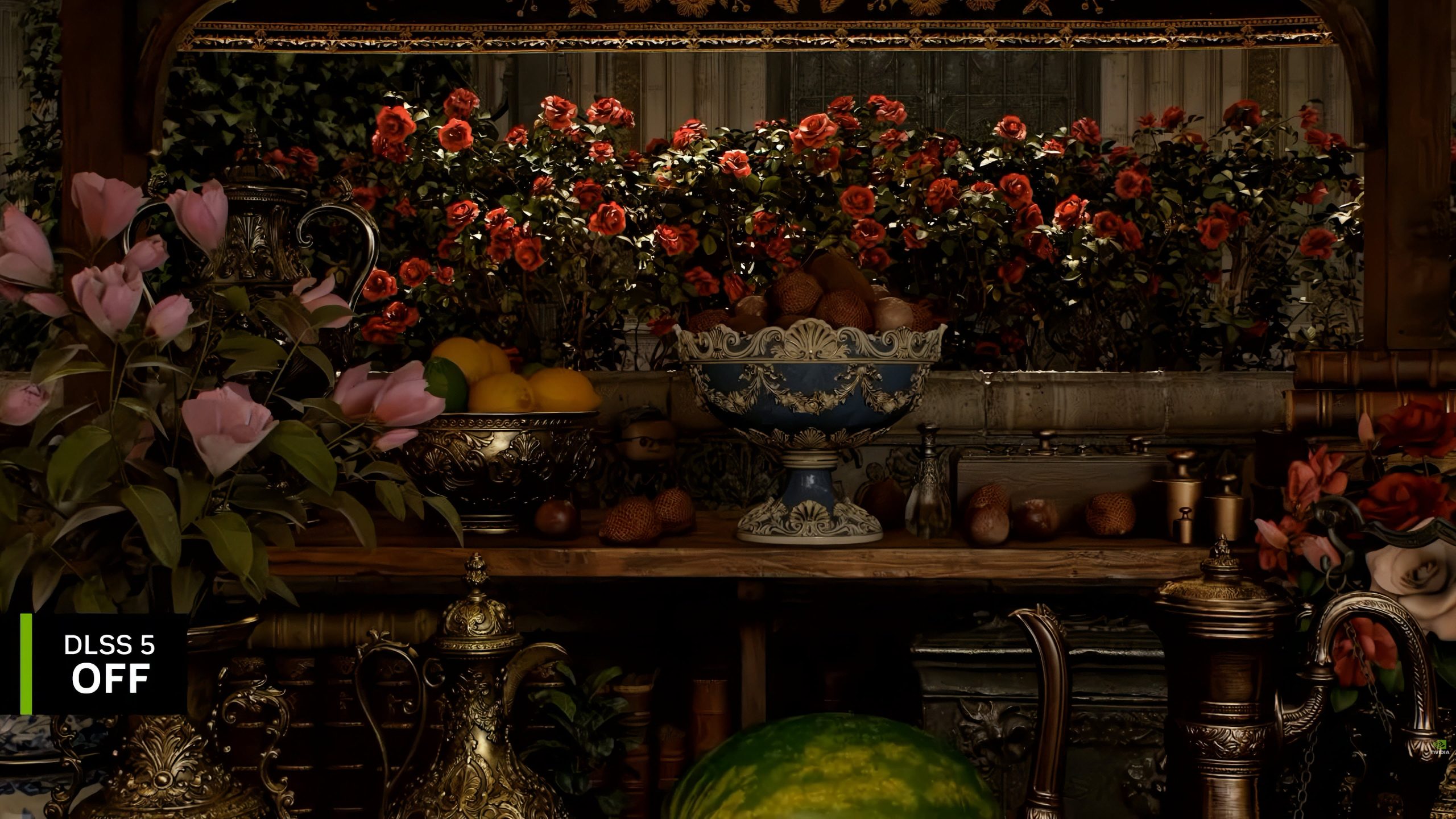 A detailed still life scene featuring ornate vases and bowls filled with fruit and flowers, with a green and black on-screen text in the bottom left corner reading 'DLSS 5 OFF'.