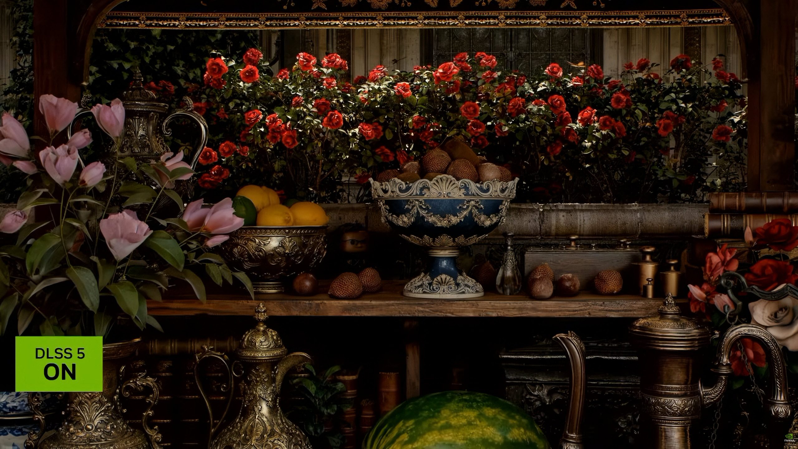 A detailed still-life scene featuring various fruits and ornate containers with a green 'DLSS 5 ON' label in the bottom left corner.