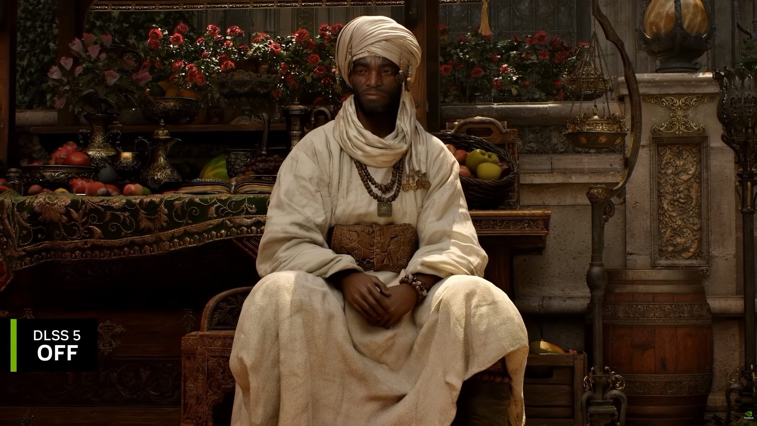 A character in a detailed, richly decorated setting with 'DLSS 5 OFF' displayed in the bottom left corner.
