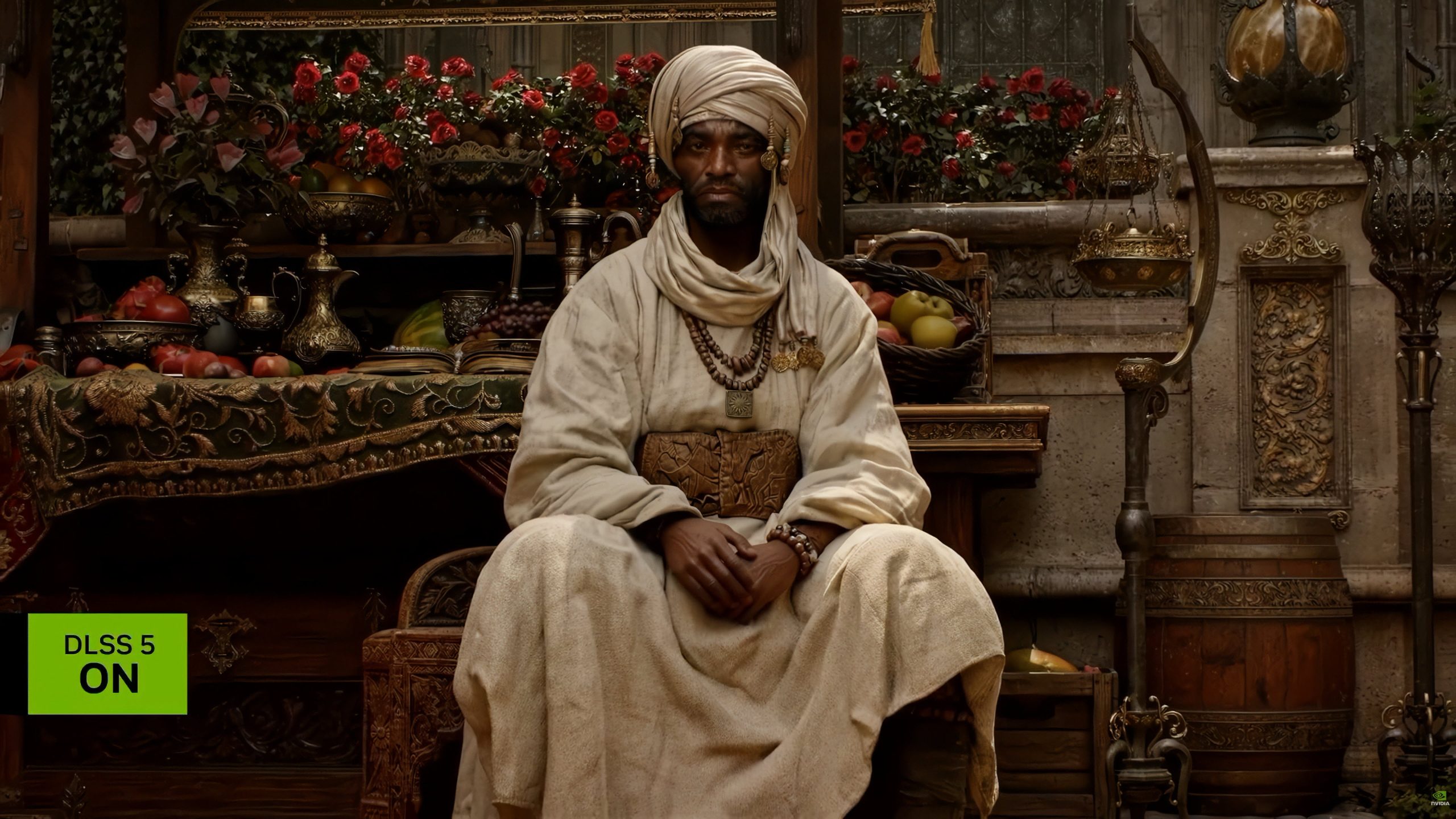 A man in traditional attire sits surrounded by ornate decor and fruits with 'DLSS 5 ON' displayed in the corner.