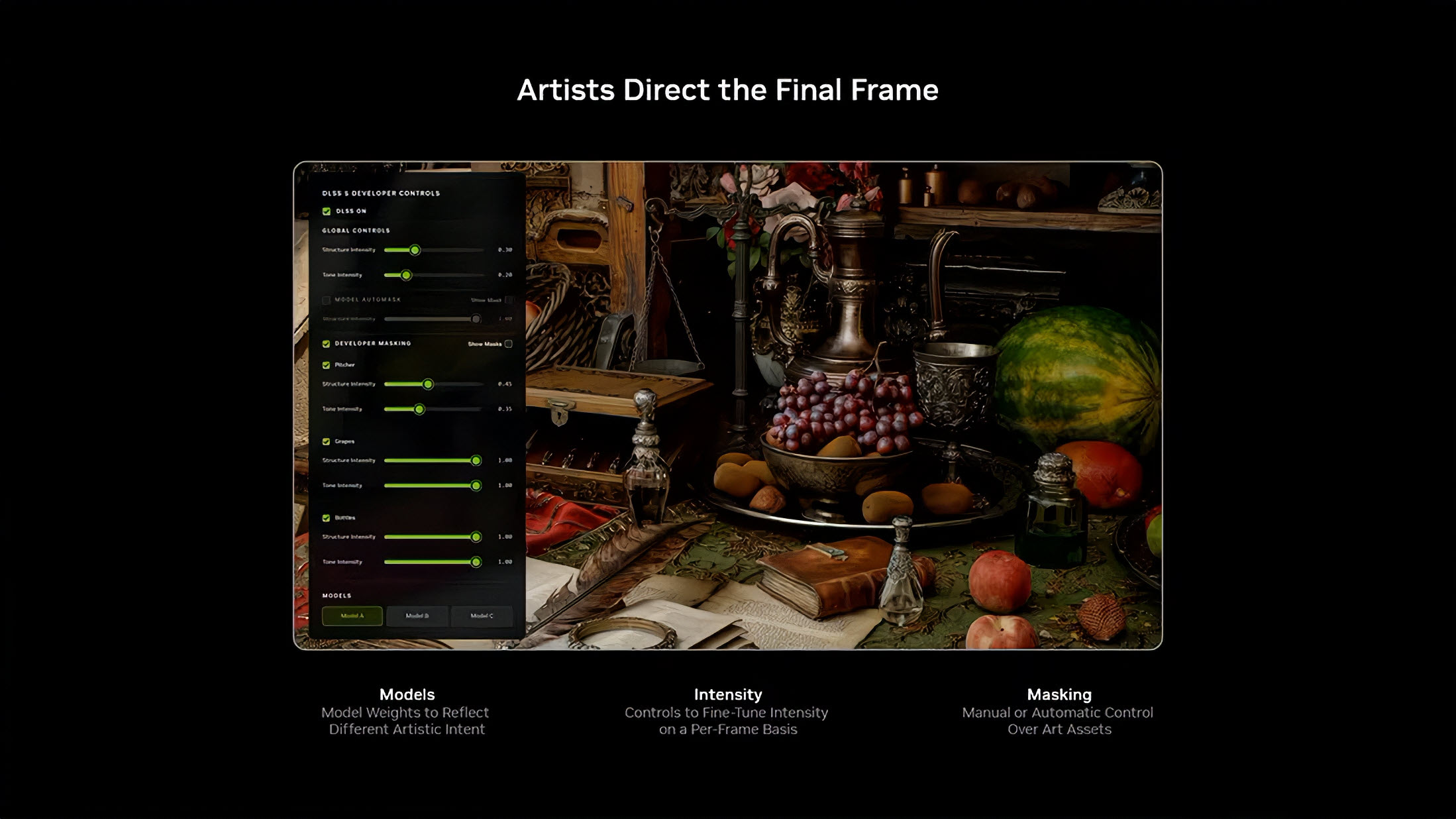 The image shows NVIDIA DLSS 3 developer controls overlaying a digital still life scene with sliders for Structure Intensity and Tone Intensity, under the heading 'Artists Direct the Final Frame.'