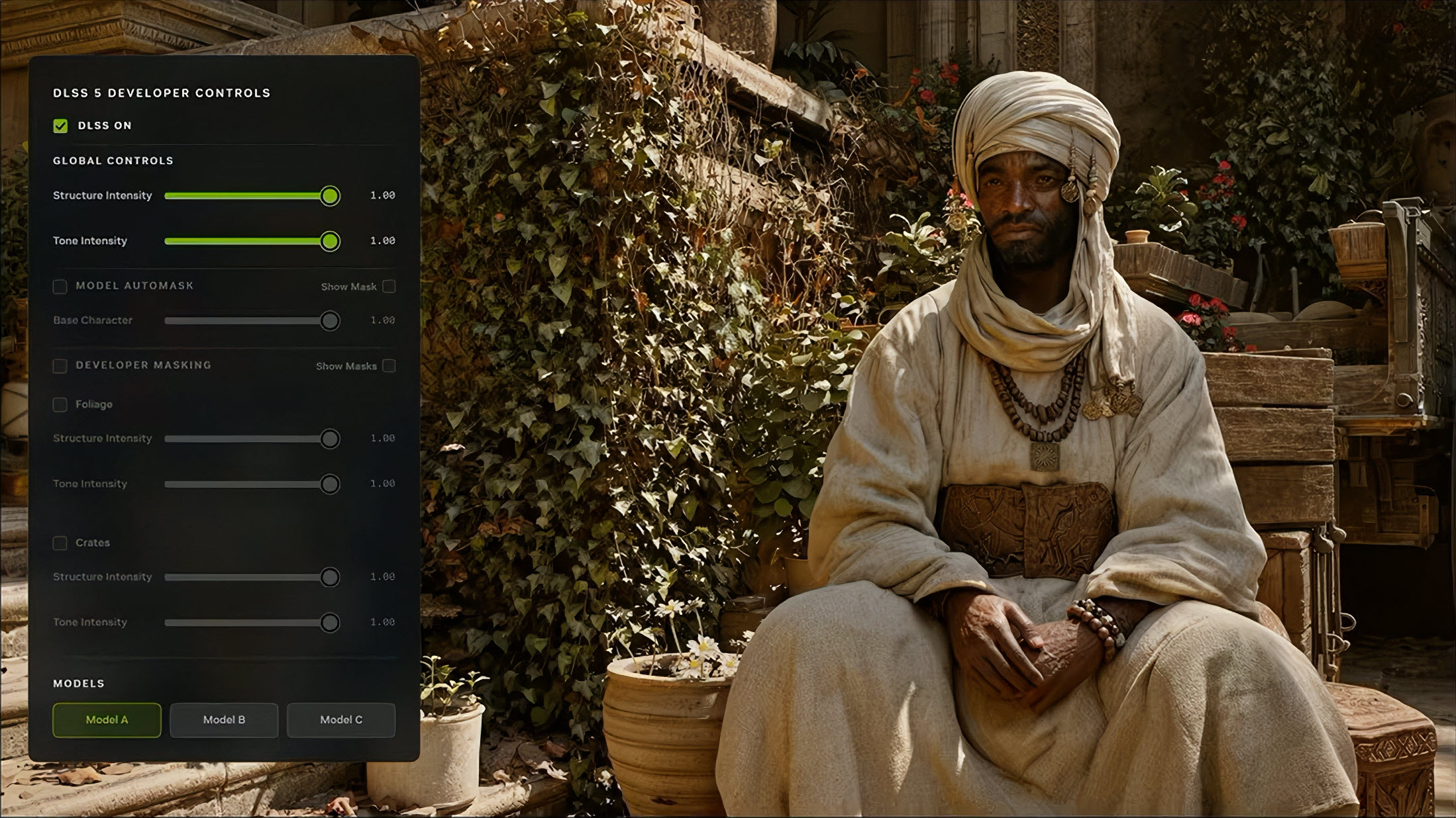 A DLSS 5 developer control panel with 'DLSS On' selected and 'Model A' highlighted is overlaid on a scene depicting a seated character in traditional attire surrounded by foliage.