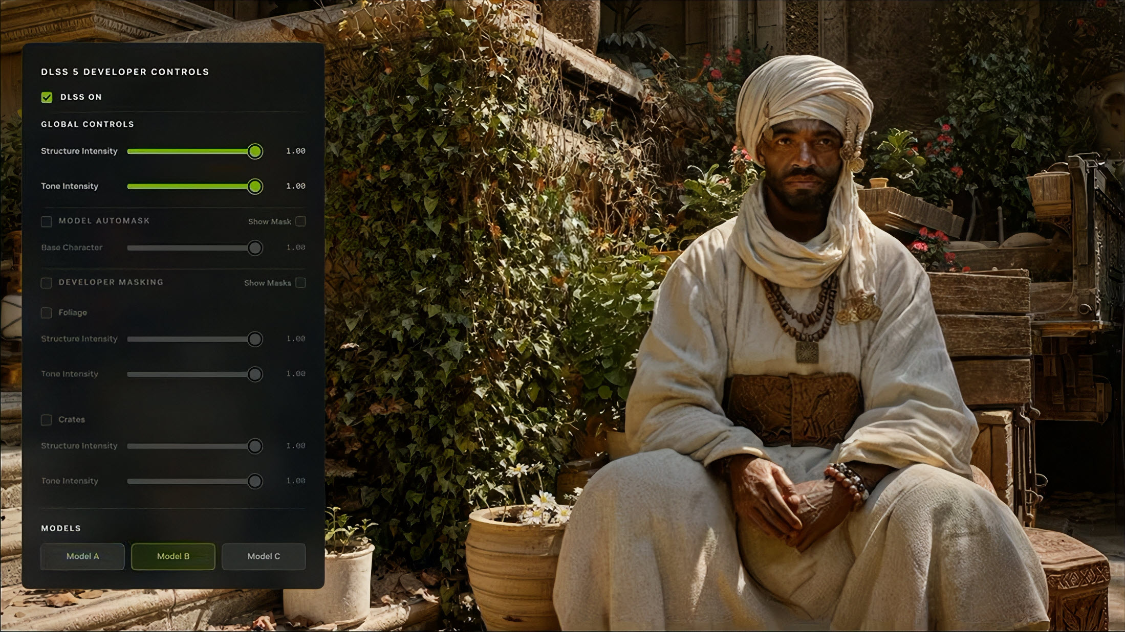 A man in traditional attire is seated in a garden setting beside a screen showing 'DLSS 5 Developer Controls' with 'DLSS On' and sliders for 'Structure Intensity' and 'Tone Intensity.'