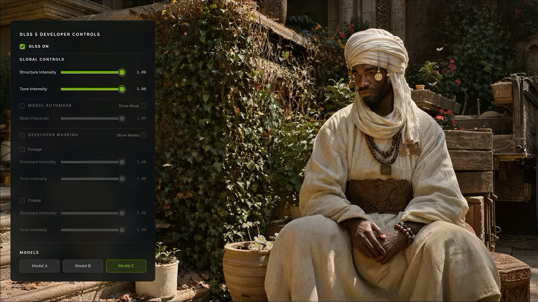A gaming scene with 'DLSS 5 Developer Controls' on-screen shows settings for structure and tone intensity while a character in traditional clothing sits in a verdant, historical setting.