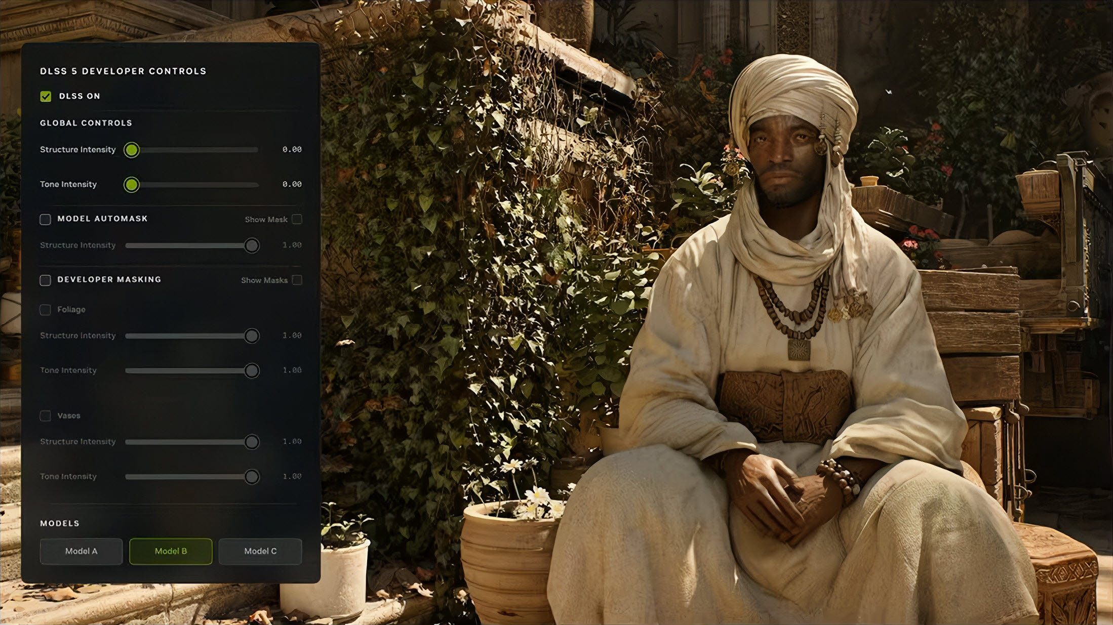 A gaming scene shows a character in traditional attire sitting outdoors, with 'DLSS 5 Developer Controls' interface visible, including 'DLSS ON' and options for 'Structure Intensity' and 'Tone Intensity'.