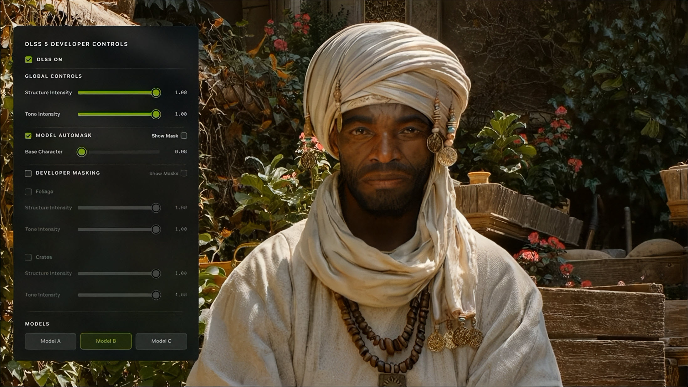 A character in a detailed outdoor scene is displayed alongside a user interface labeled 'DLSS 5 Developer Controls,' showing various settings such as 'Global Controls' and 'Model Automask.'