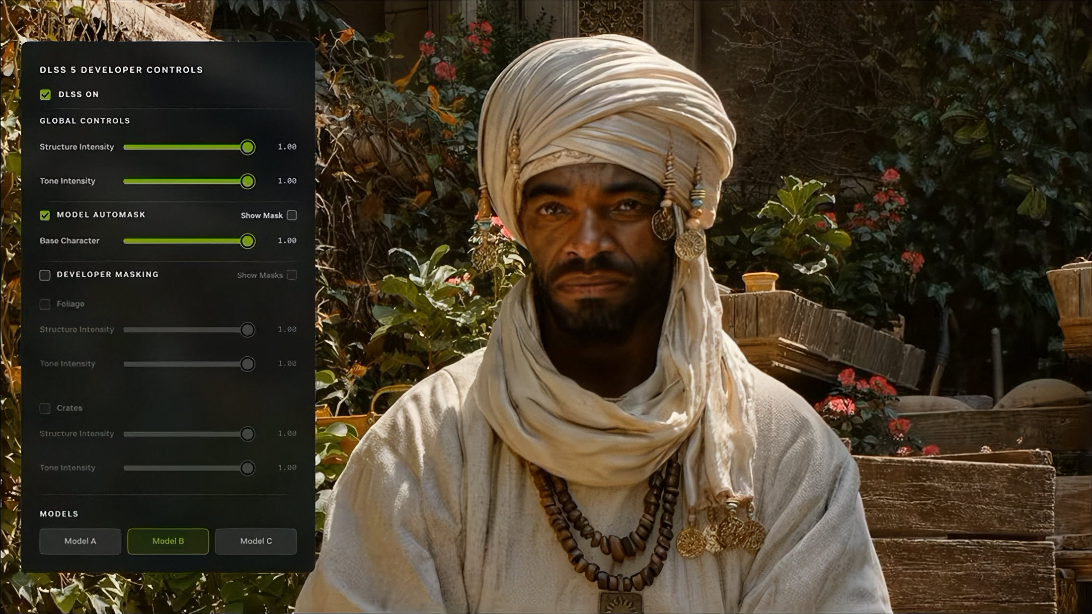 A character in a game stands in an outdoor setting while a 'DLSS 5 Developer Controls' menu is overlayed, showing options like 'DLSS On' and 'Model Automask' with various sliders and settings visible.