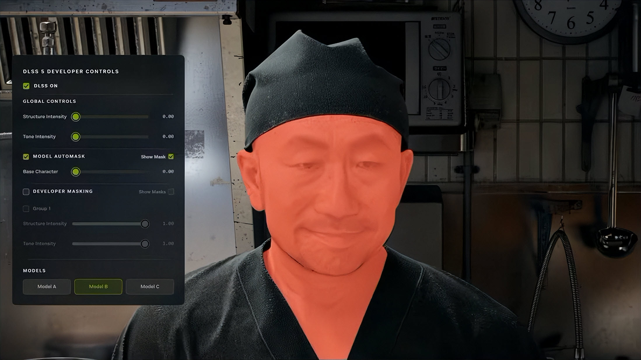 A masked individual standing in a kitchen setting with a 'DLSS 5 Developer Controls' overlay showing options like 'DLSS ON' and 'MODEL AUTOMASK: Show Mask'.