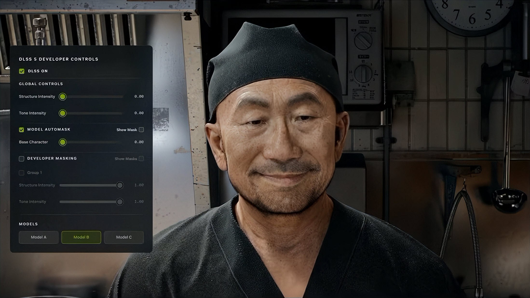 A person is in a kitchen setting with a screen on the left showing 'DLSS 5 Developer Controls' including options for 'DLSS ON' and sliders for 'Structure Intensity' and 'Tone Intensity.'