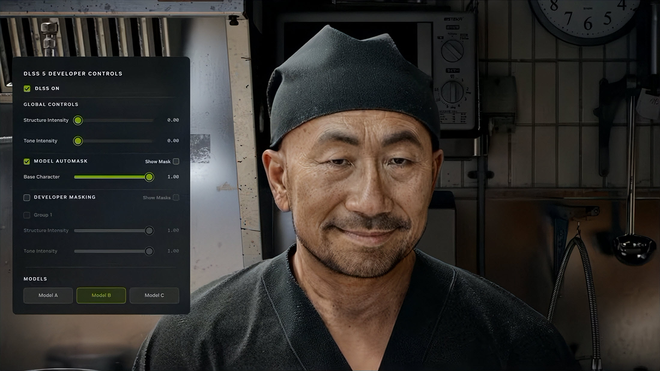 A realistic digital rendering of a man wearing a black cap, with an overlay of 'DLSS 5 Developer Controls' options on the left side of the image.