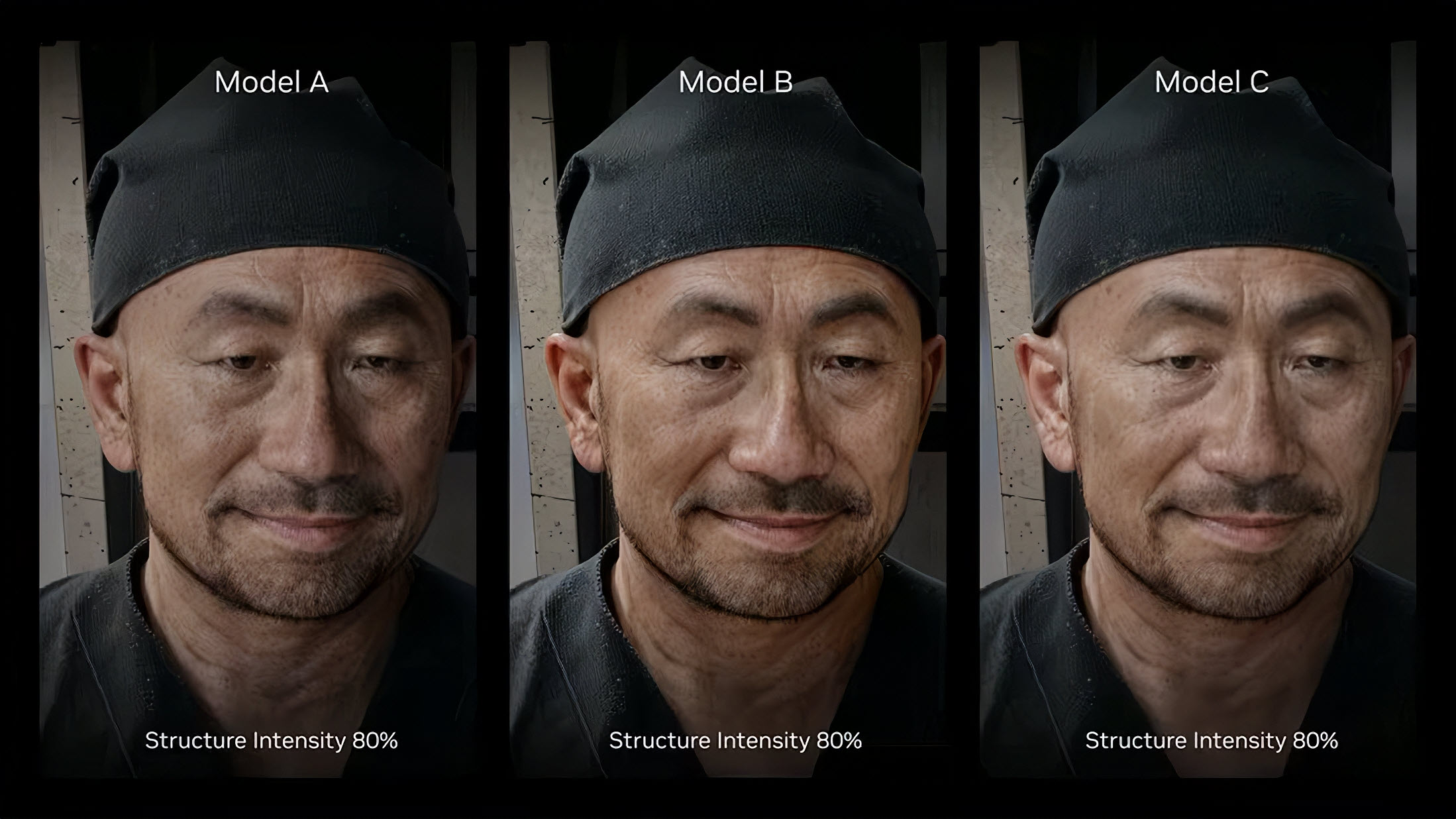 Three realistic digital portraits labeled 'Model A', 'Model B', and 'Model C' display varying facial structure intensities with 'Structure Intensity 80%' noted beneath each.