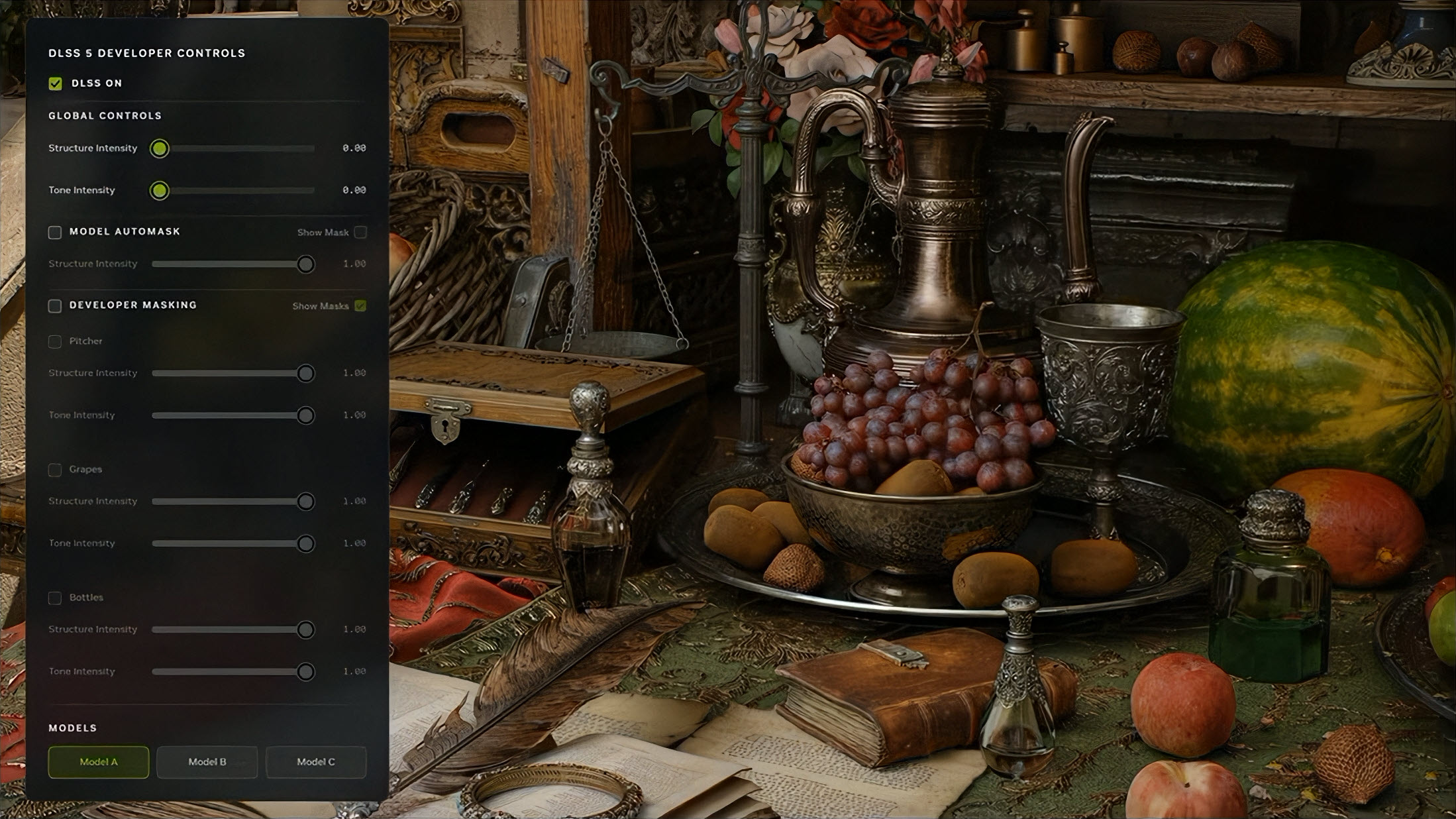 A still life scene features a DLSS 5 Developer Controls panel on the left, showing the options 'DLSS On,' 'Global Controls,' 'Model Automask,' and 'Developer Masking,' with settings for 'Structure Intensity' and 'Tone Intensity,' alongside models labeled A, B, and C.