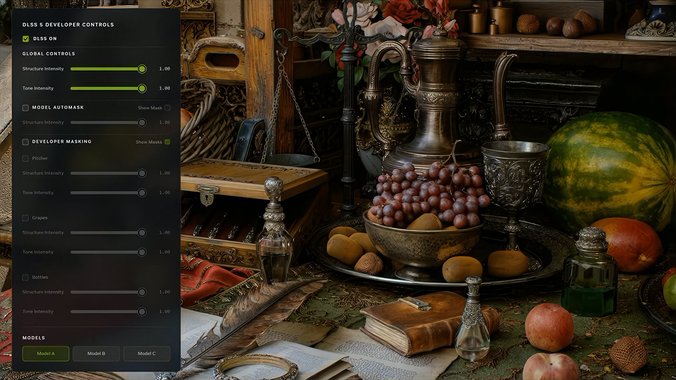 The image shows a DLSS 3 developer control panel with settings for 'DLSS on,' 'Structure Intensity,' and 'Tone Intensity' overlaid on a still life scene with fruit, a decorative jug, and a book.