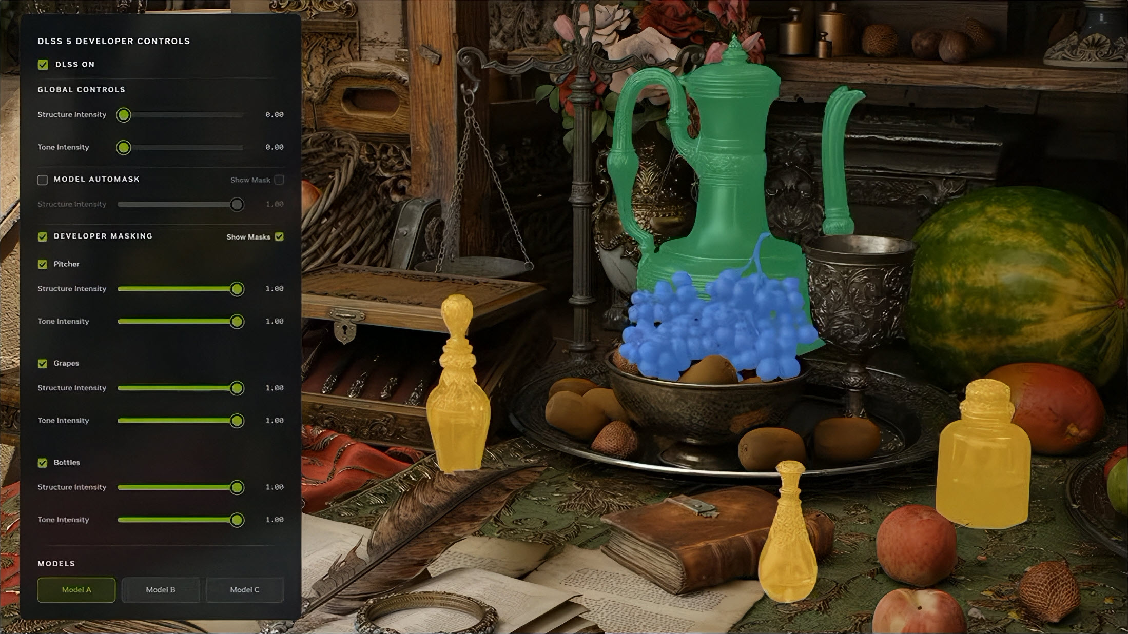 A digital interface titled 'DLSS 5 Developer Controls' overlays a detailed still life scene, highlighting a pitcher, grapes, and bottles with various mask colors, with sliders for structure and tone intensity adjustments.