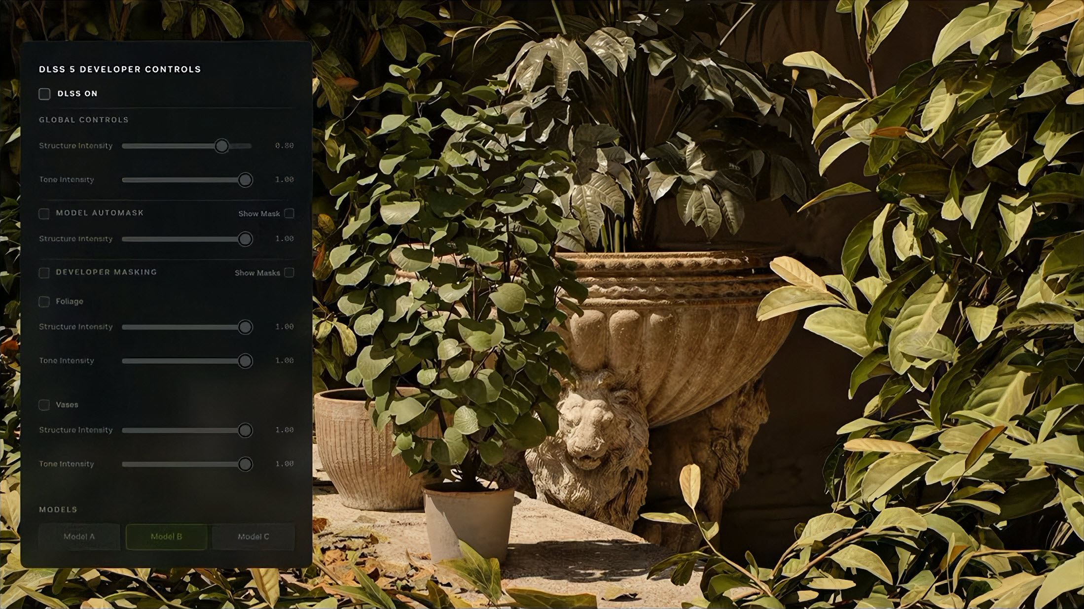 A DLSS 5 developer controls panel is displayed on the left, featuring options for Structure Intensity and Tone Intensity, with foliage settings visible in the background.