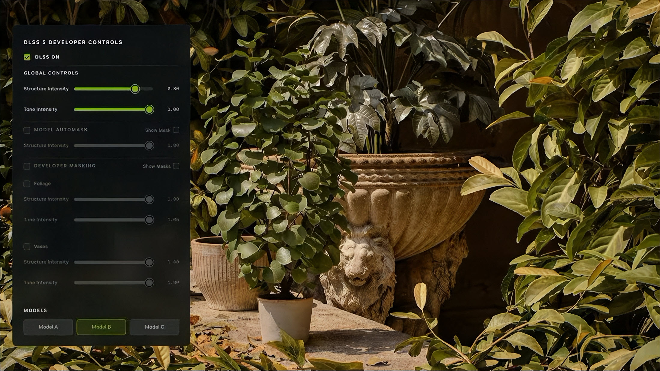 A screen displaying 'DLSS 5 Developer Controls' with 'DLSS On' and sliders for 'Structure Intensity' and 'Tone Intensity' over an image of potted plants.