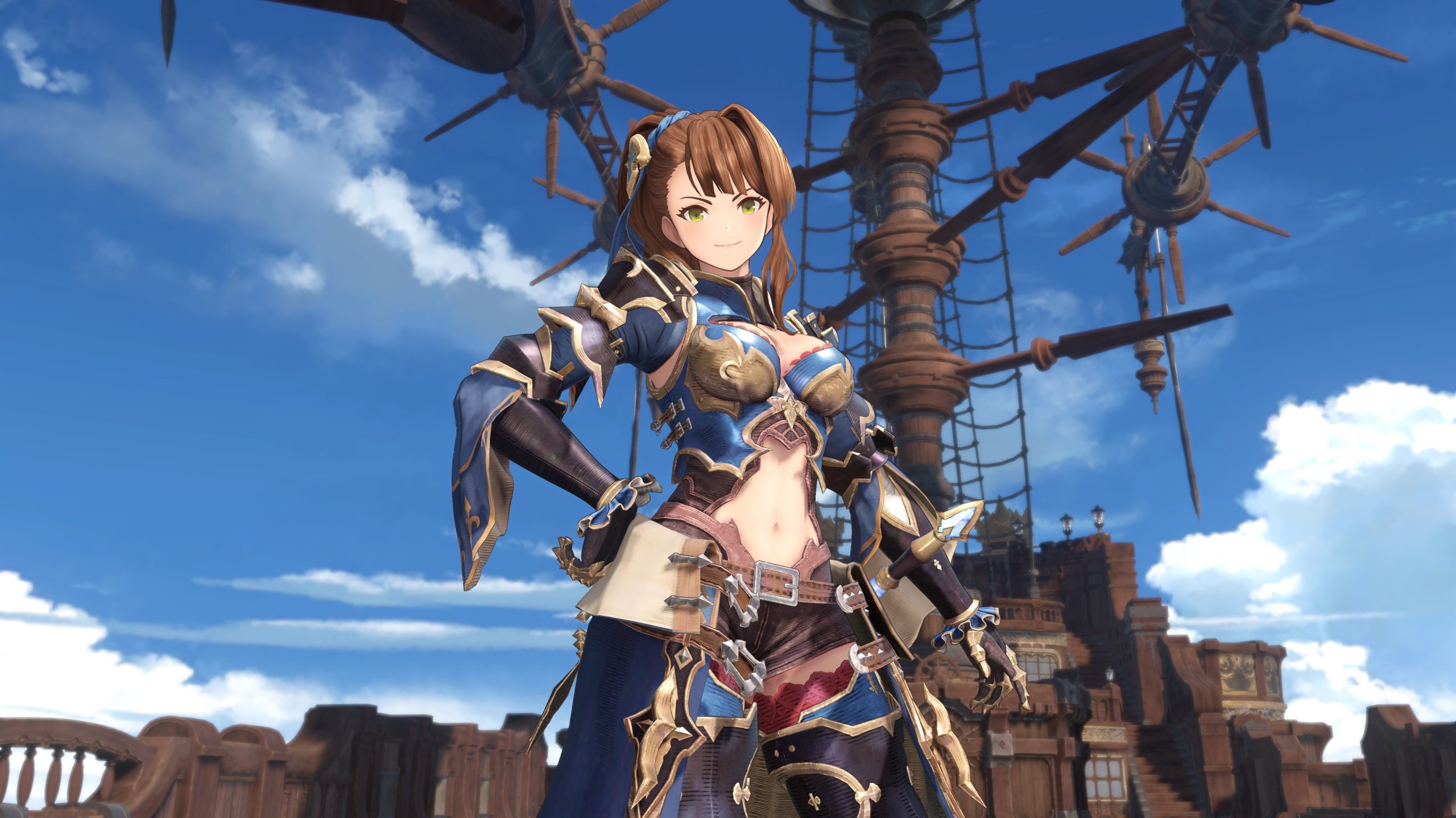 A female character in 'Granblue Fantasy: Relink' stands confidently on an airship deck with blue skies in the background.