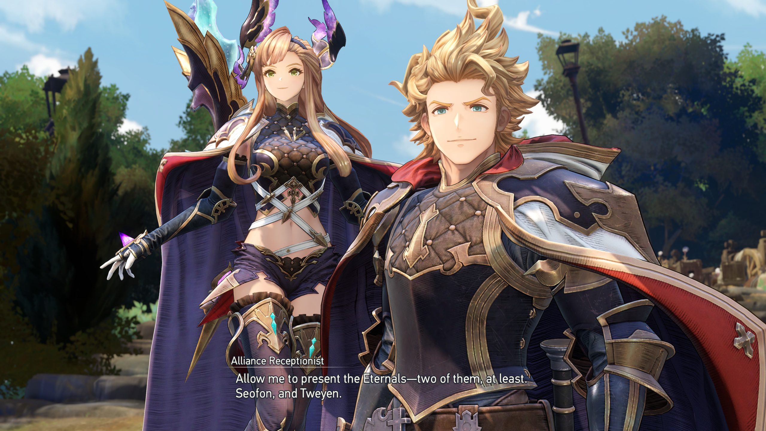 Two fantasy characters in ornate armor stand together with text below stating, Alliance Receptionist: Allow me to present the Eternals—two of them, at least: Seofon, and Tweyen.