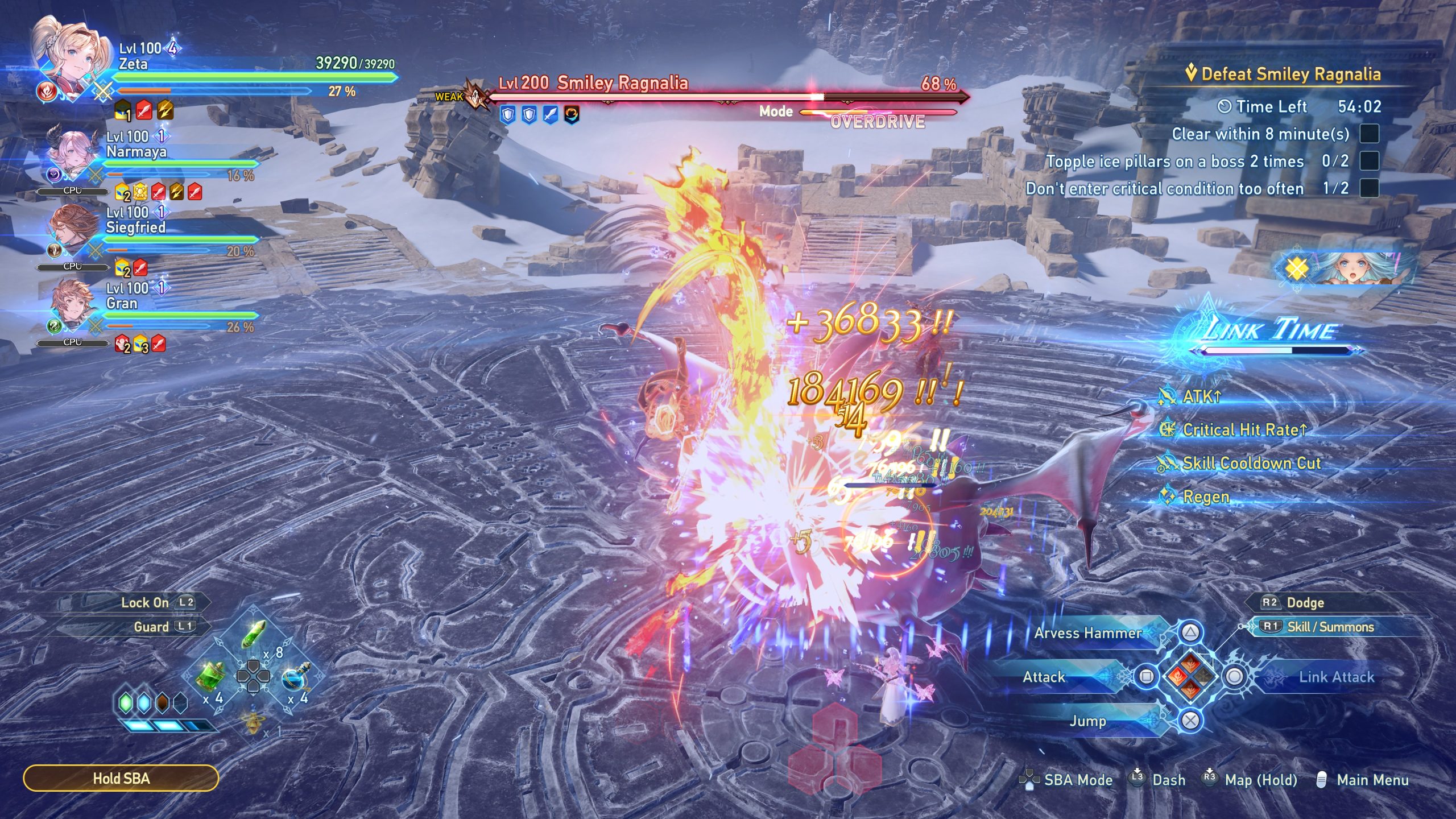 A battle scene from Granblue Fantasy: Relink showing characters Zeta, Narmaya, Siegfried, and Gran fighting a Lvl 200 Smiley Ragnalia with an active 'Link Time' status and visible damage numbers.