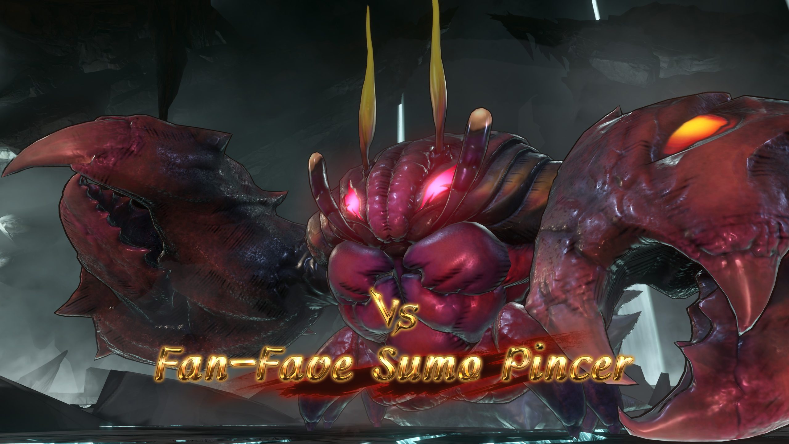 A colossal, menacing crustacean creature with glowing eyes appears on screen in a fantasy setting with the text 'Vs Fan-Fave Sumo Pincer.'
