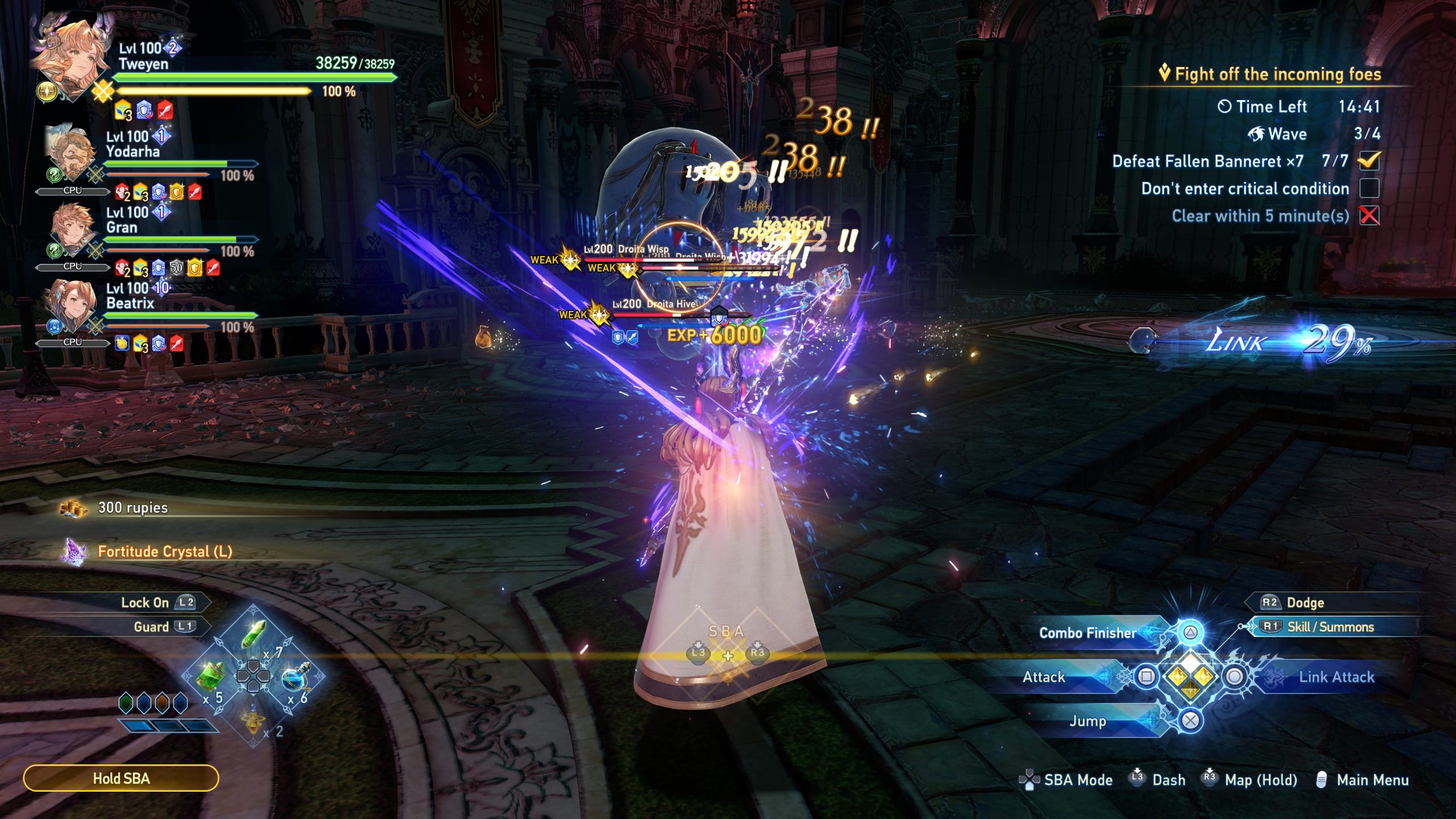A character in 'Granblue Fantasy: Relink' engaging in combat with high-level enemies, displaying abilities and experience points gained, alongside team status and mission objectives on the screen.