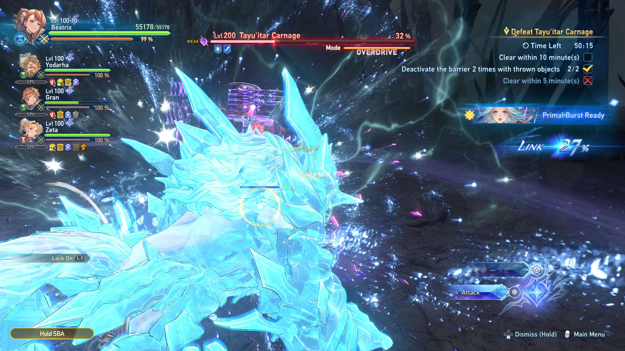 A battle scene from the game Granblue Fantasy: Relink shows a party fighting 'Lvl 200 Tayu'itar Carnage' with a status bar at '32%,' highlighting a character in a glowing ice form and an on-screen prompt 'Primal-Burst Ready.'