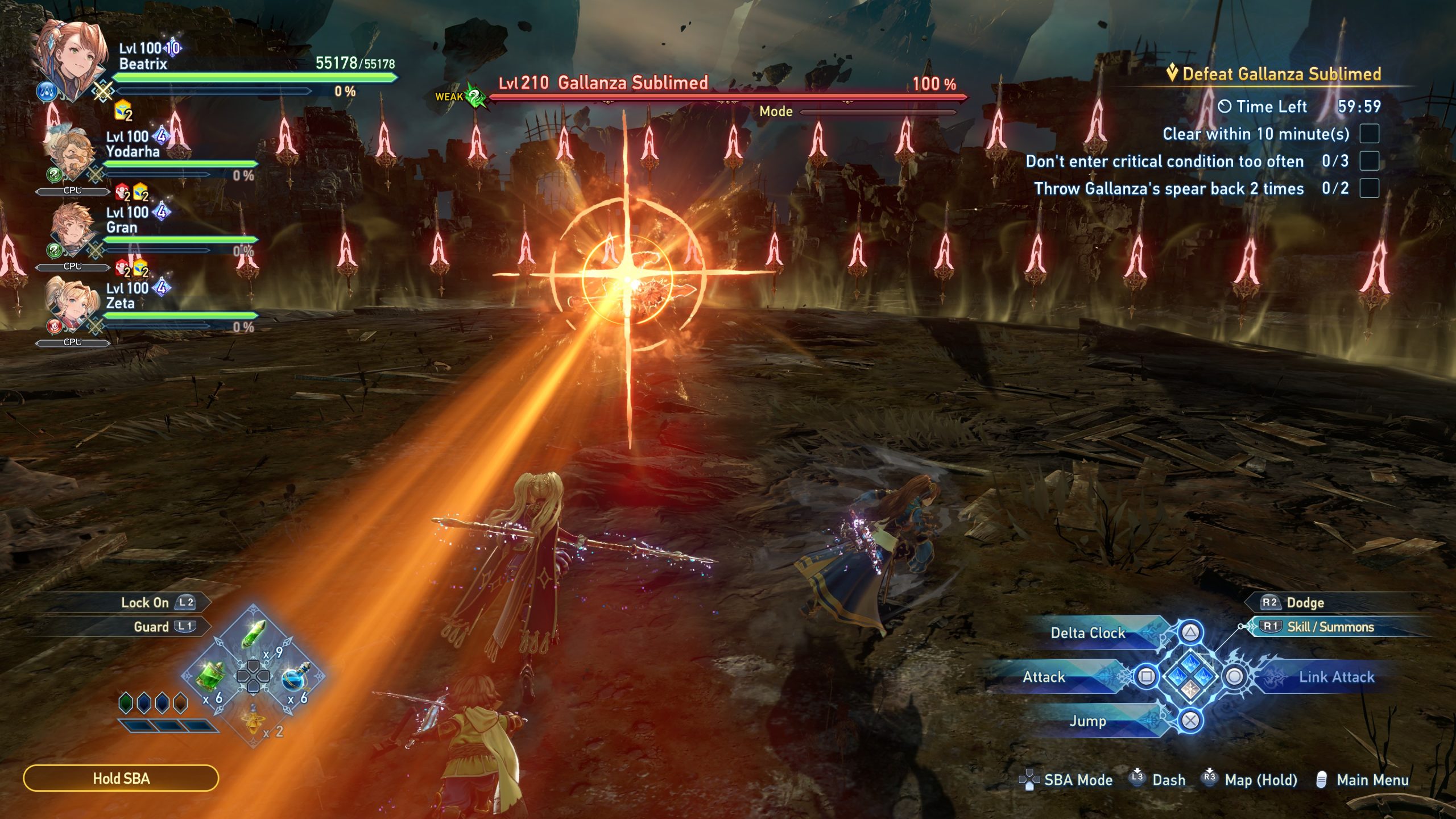 Characters Beatrix, Yodarha, Gran, and Zeta engage in battle against 'Lvl 210 Gallanza Sublimed' in 'Granblue Fantasy: Relink,' with a task list and controls displayed on-screen.