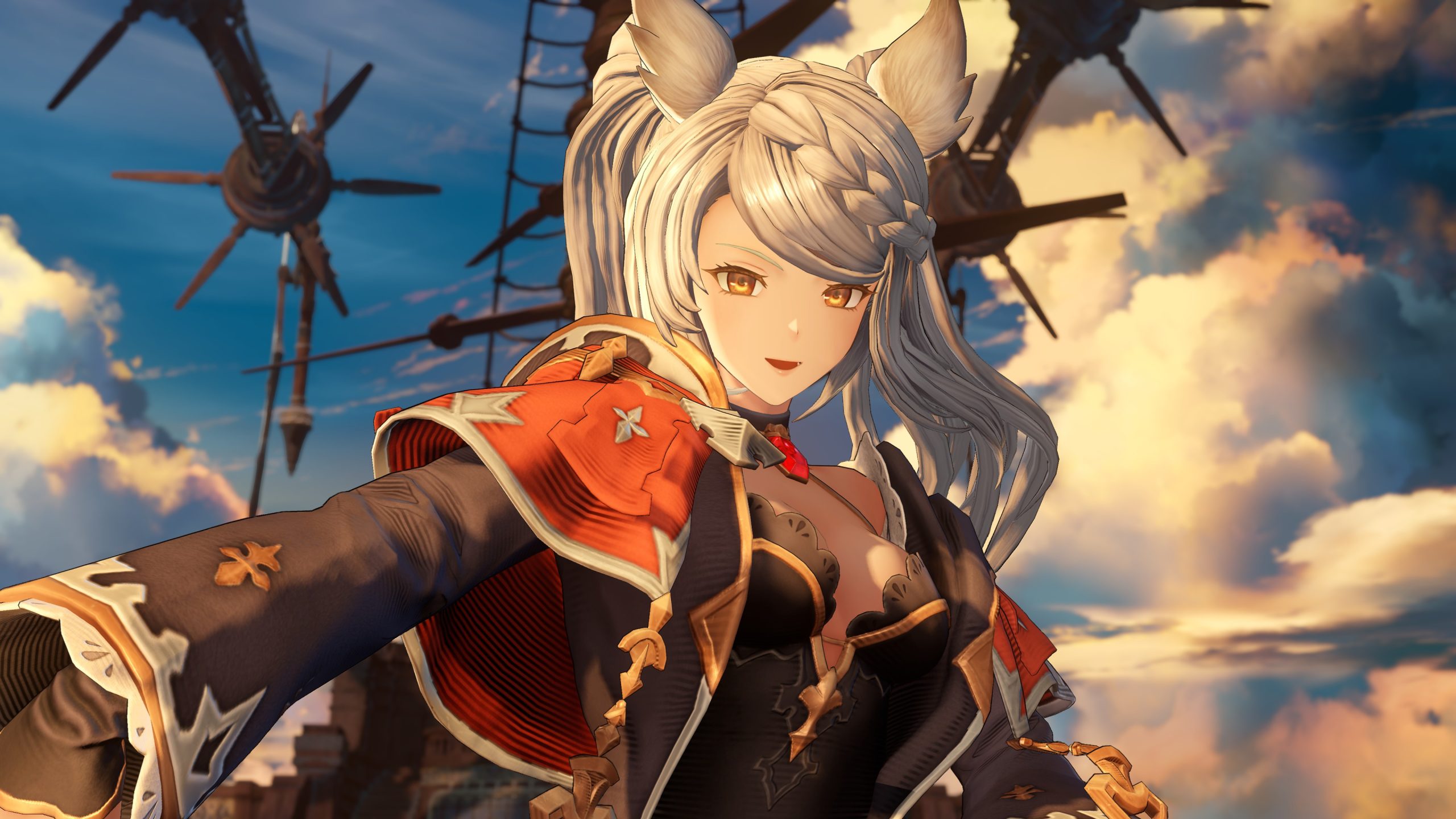 A character from Granblue Fantasy: Relink is standing on an airship with a vibrant, cloudy sky background.