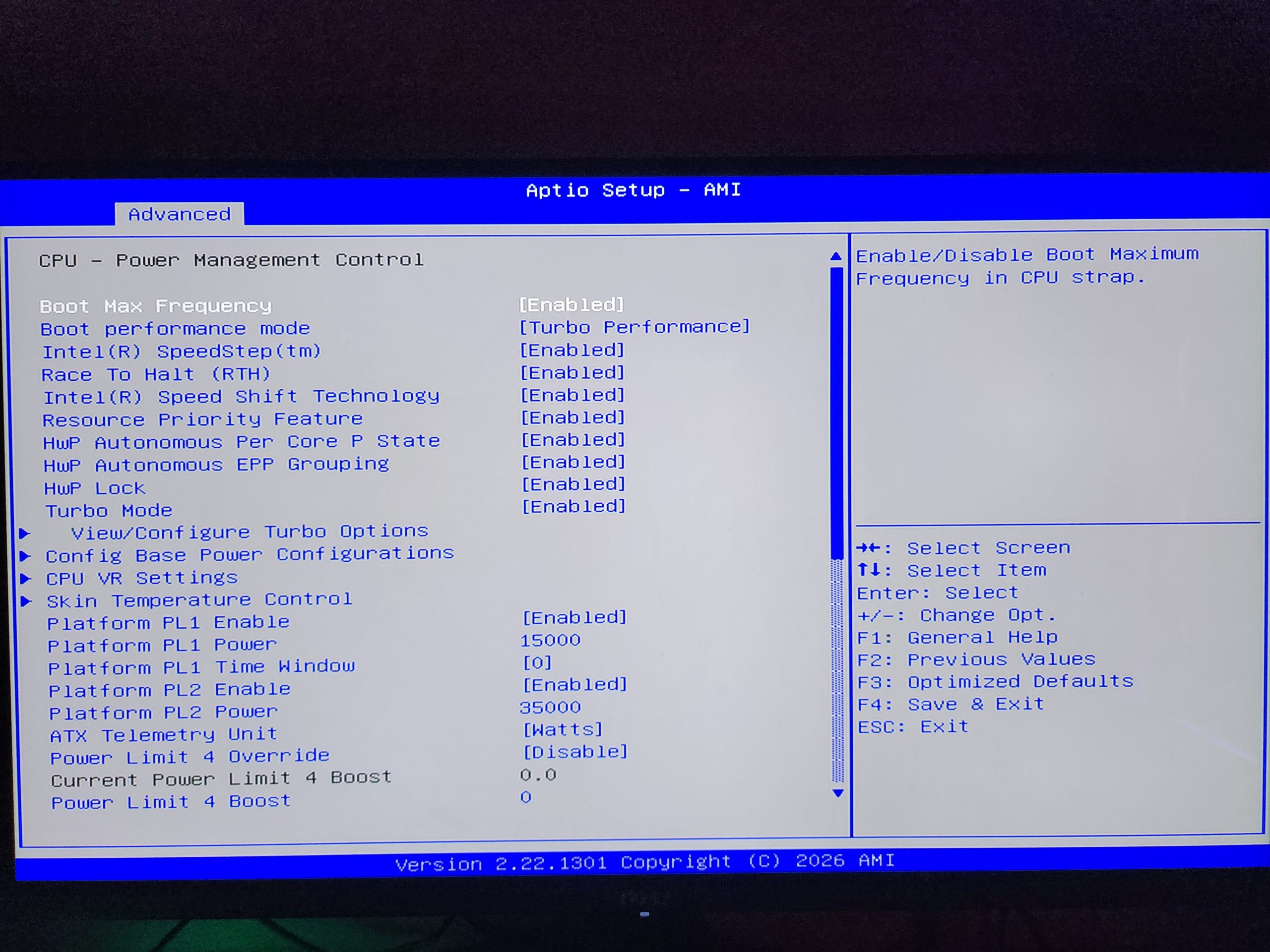 The image shows a BIOS setup screen titled 'Aptio Setup - AMI' with various CPU power management configurations, including 'Intel(R) SpeedStep(tm)' and 'Turbo Mode,' under the 'Advanced' tab.